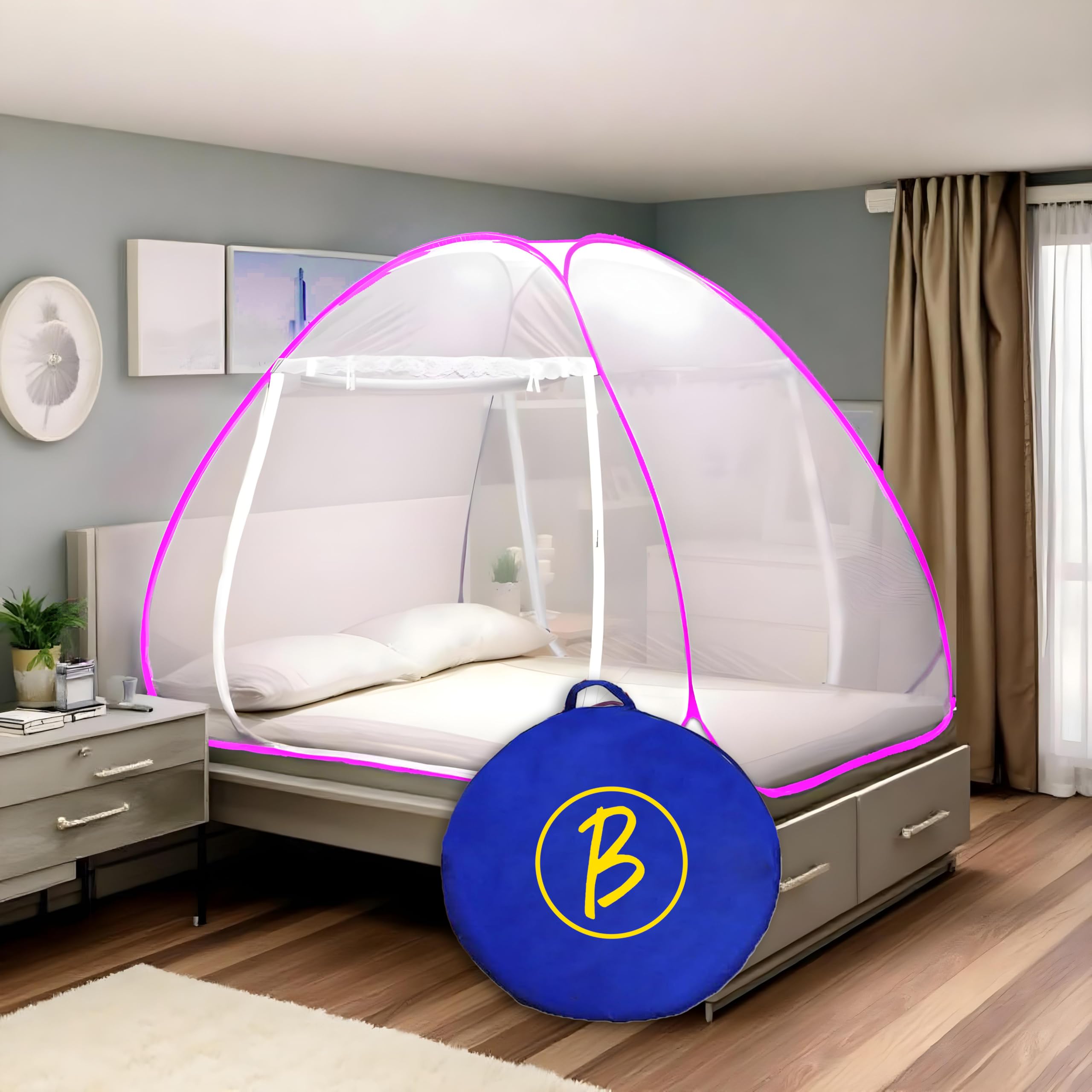 btag 100% polyester foldable mosquito net – premium durable insect protection with strong frame, easy setup & portable storage bag – ideal for home, travel, outdoor use.|wht net | queen| pink