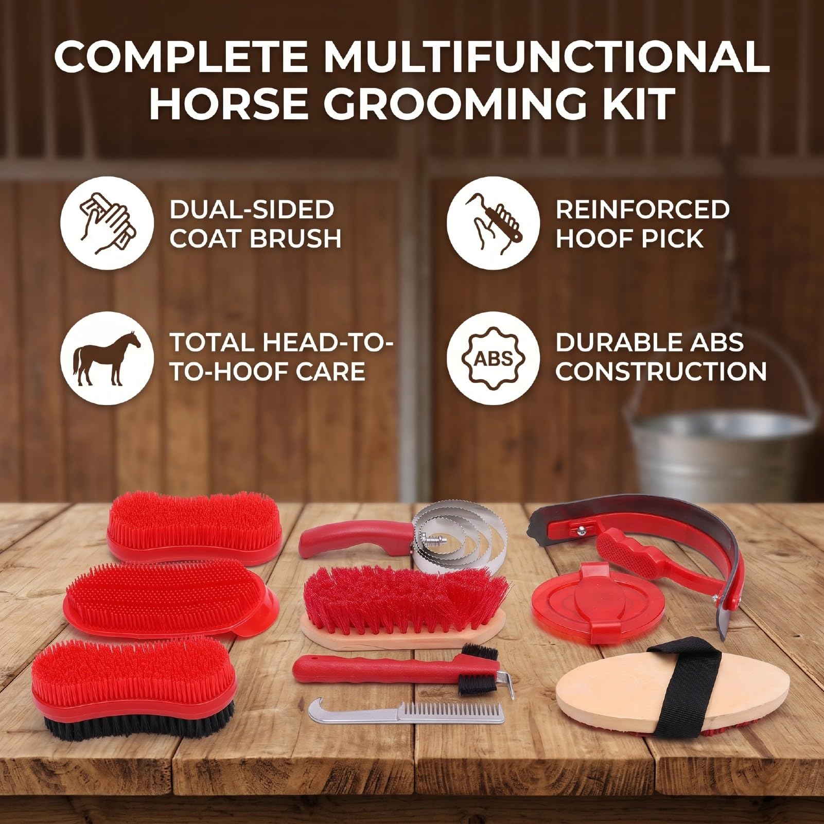 Kit per Toelettatura Cavalli da 10 Pezzi, Set di Forniture per Selleria Set Spazzole per Cavalli Pettine per Pulizia per Cura Equina per Toelettatura Fattoria Spargimento