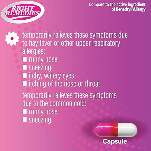 Miniatura 5 de RIGHT REMEDIES Alivio de la alergia, antihistamínico, difenhidramina HCL 25 mg, cápsulas genéricas de benadryl, alivia las alergias estacionales en