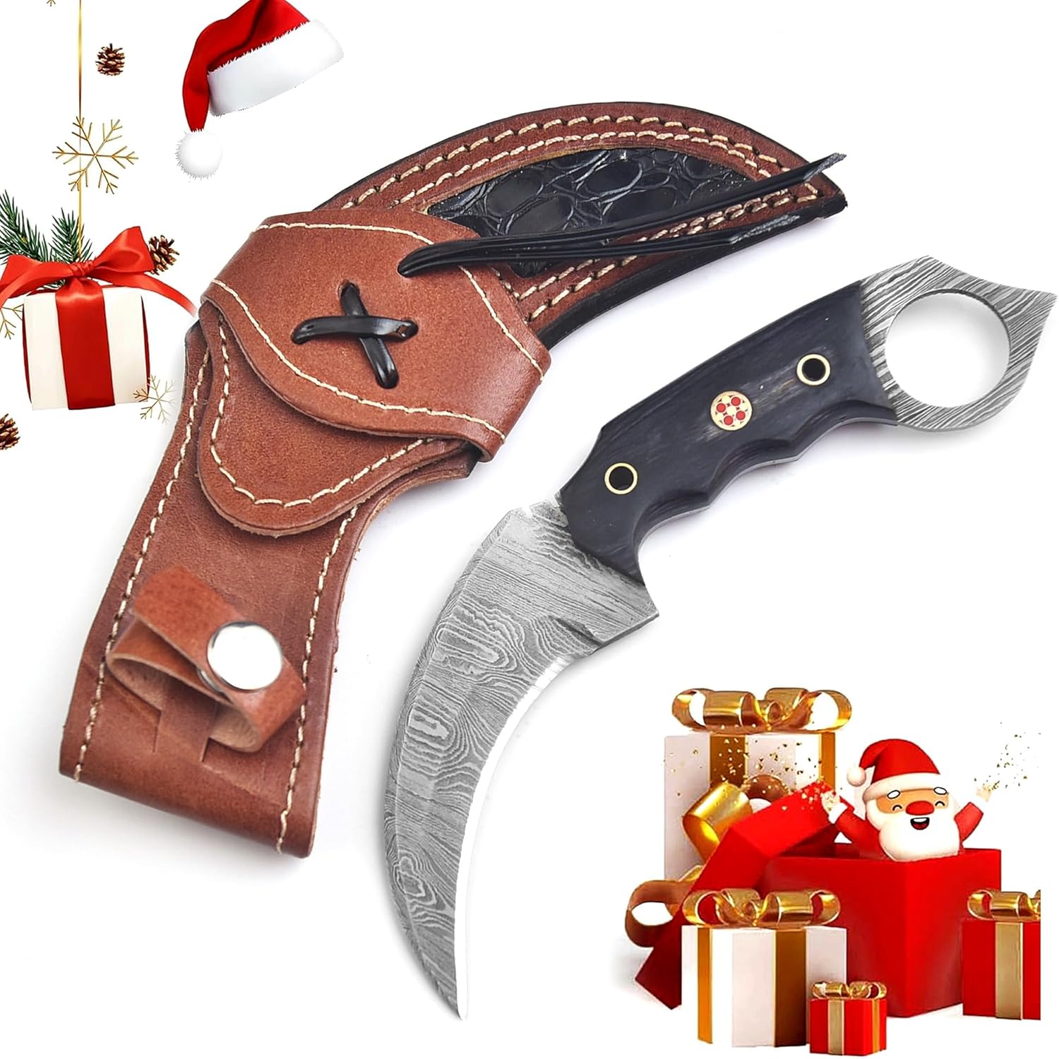 7.5″ Handmade Damascus Hunting Knife with Leather Sheath - Ideal for Skinning, Camping, Outdoor - Full Tang Fixed Blade Knife with Black Wood Handle Bushcraft Knives 05(BLK)