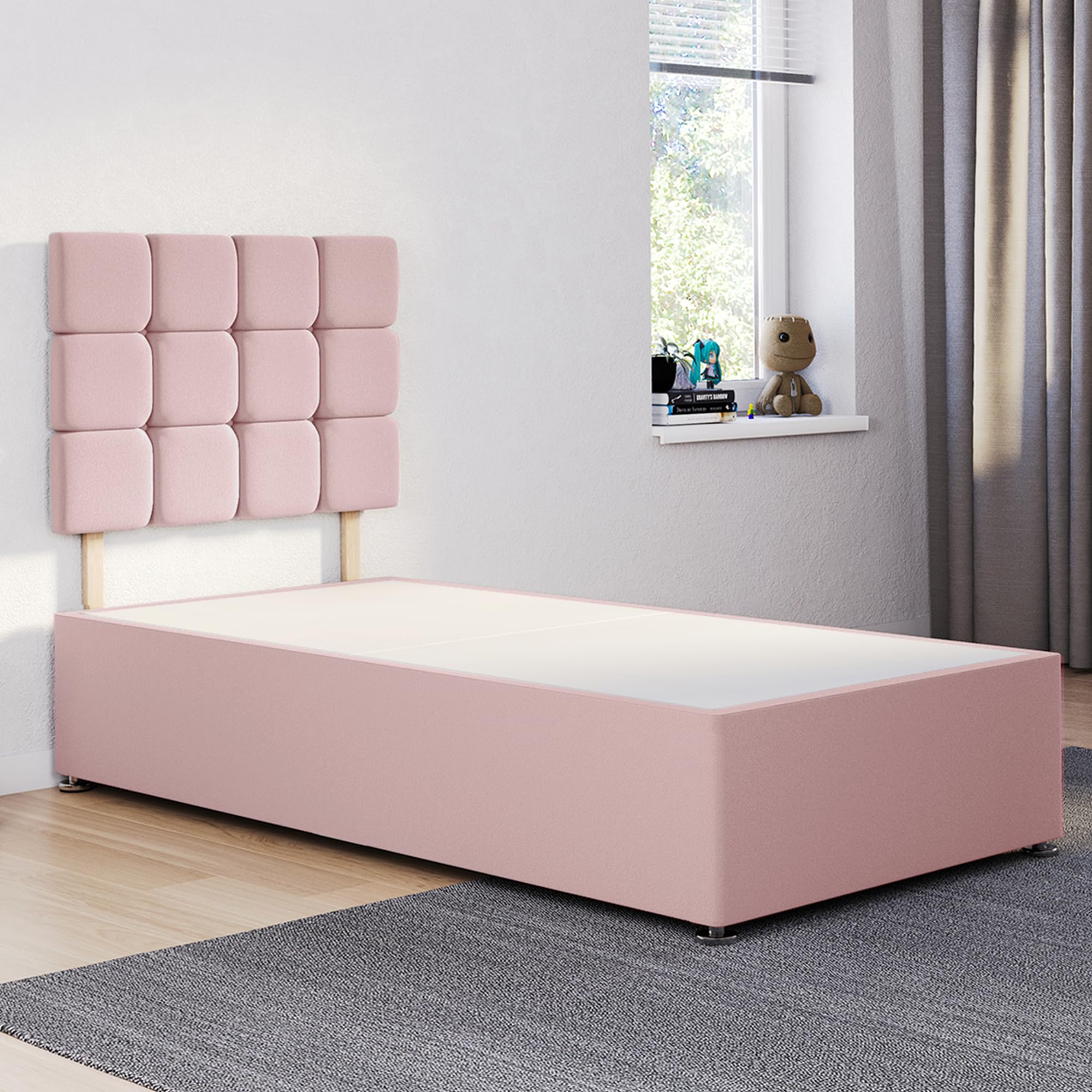 ComfoRest - Contemporary 3FT Single Divan Bed Base with Cube Headboard | Practical Frame for Guest Rooms or Daily Use | Minimal Setup for Compact Bedrooms โ No Mattress, No Drawers (Pink Plush)