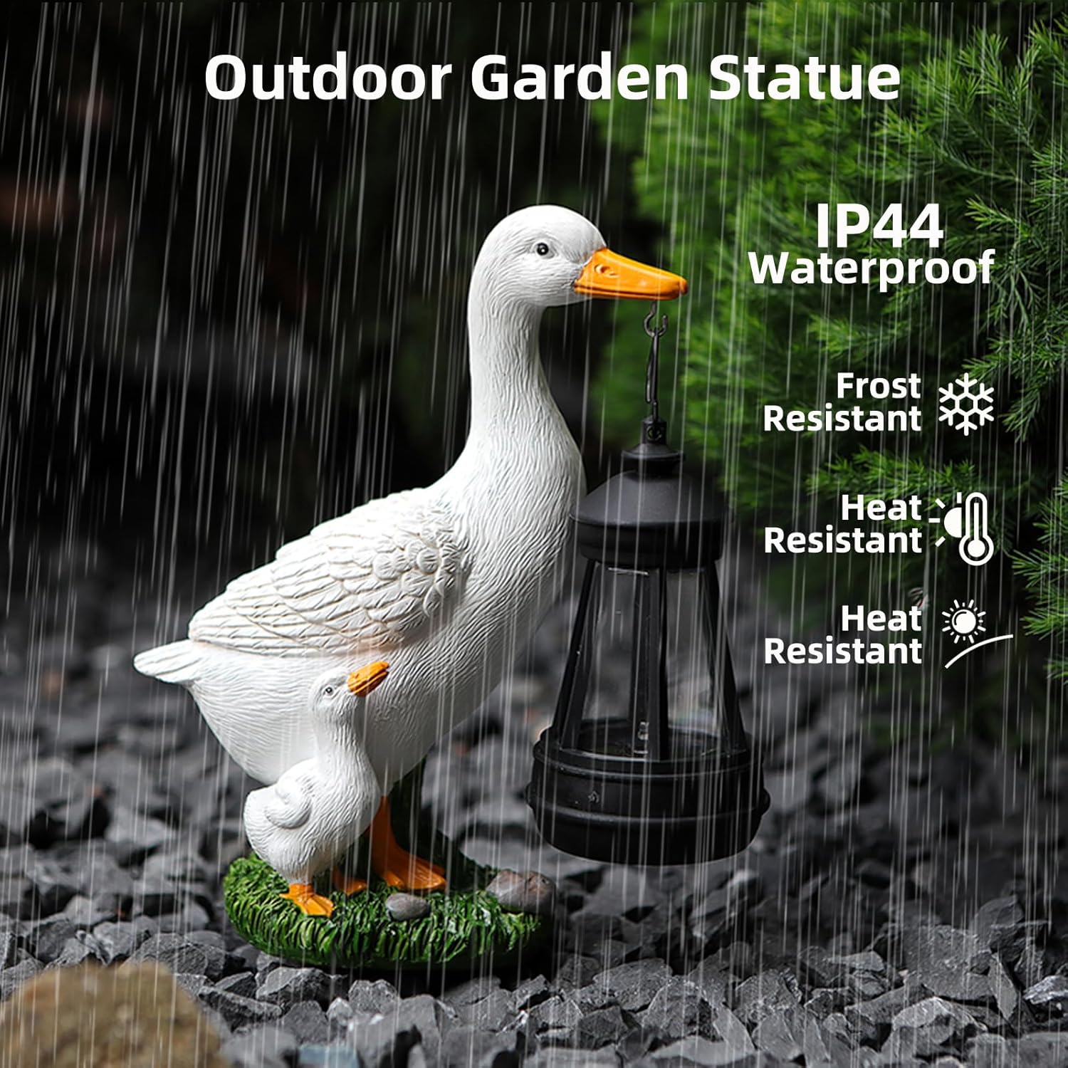 Porch Goose Statue, Outdoor Waterproof Goose Garden Statue with Solar Lantern, Duck Resin Garden Sculptures & Statues for Yard Art Lawn Pond, Ideal Solar Goose Figurine Garden Gifts for Women (Duck)