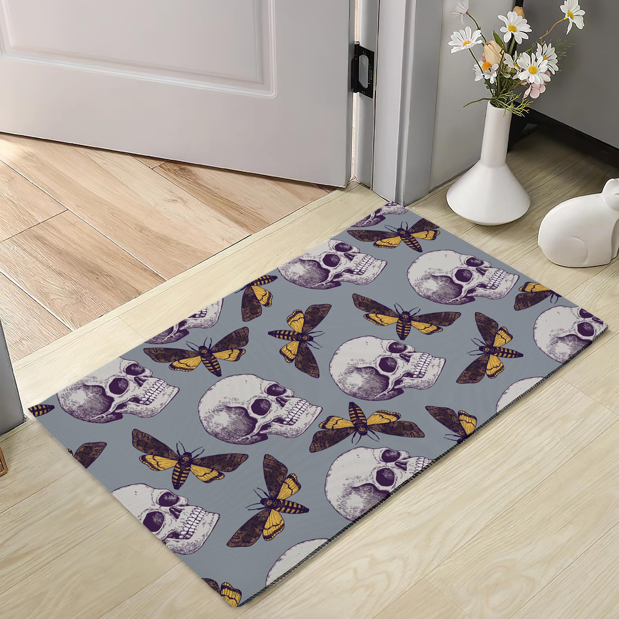 SUSIOY Door Mat Human Skull and Moth Halloween Welcome Mat 30"x17" Outdoor and Indoor,Non-Slip Front Doormat for Home Entrance,Outside Entry,Yard,