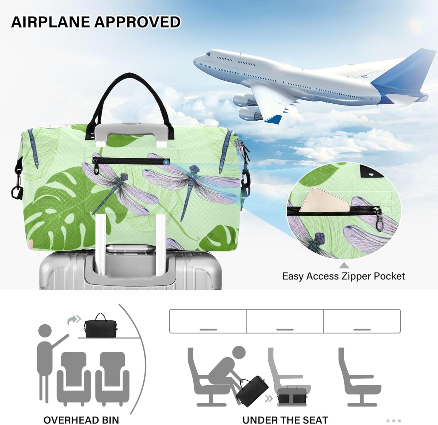 トンボ グリーン リーフ フローラル ダッフルバッグ トラベル&amp;メイクポーチ 2個セット、パステル レディース ラゲッジセッ