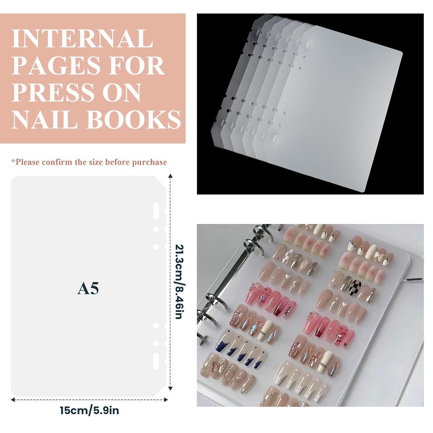 Press On Nail Packaging Clear Insert Book Pages For Nail Storage | 6pcs Clear Insert Pages with 1 roll nail double side tape, A4 storage pages for press on nails Storage Supplies Business