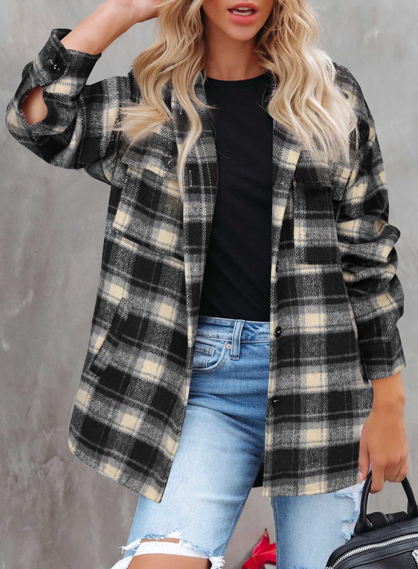 Beaully Women's Flannel Plaid Shacket Long Sleeve Button Down Shirts Jacket Coats with Side Pockets