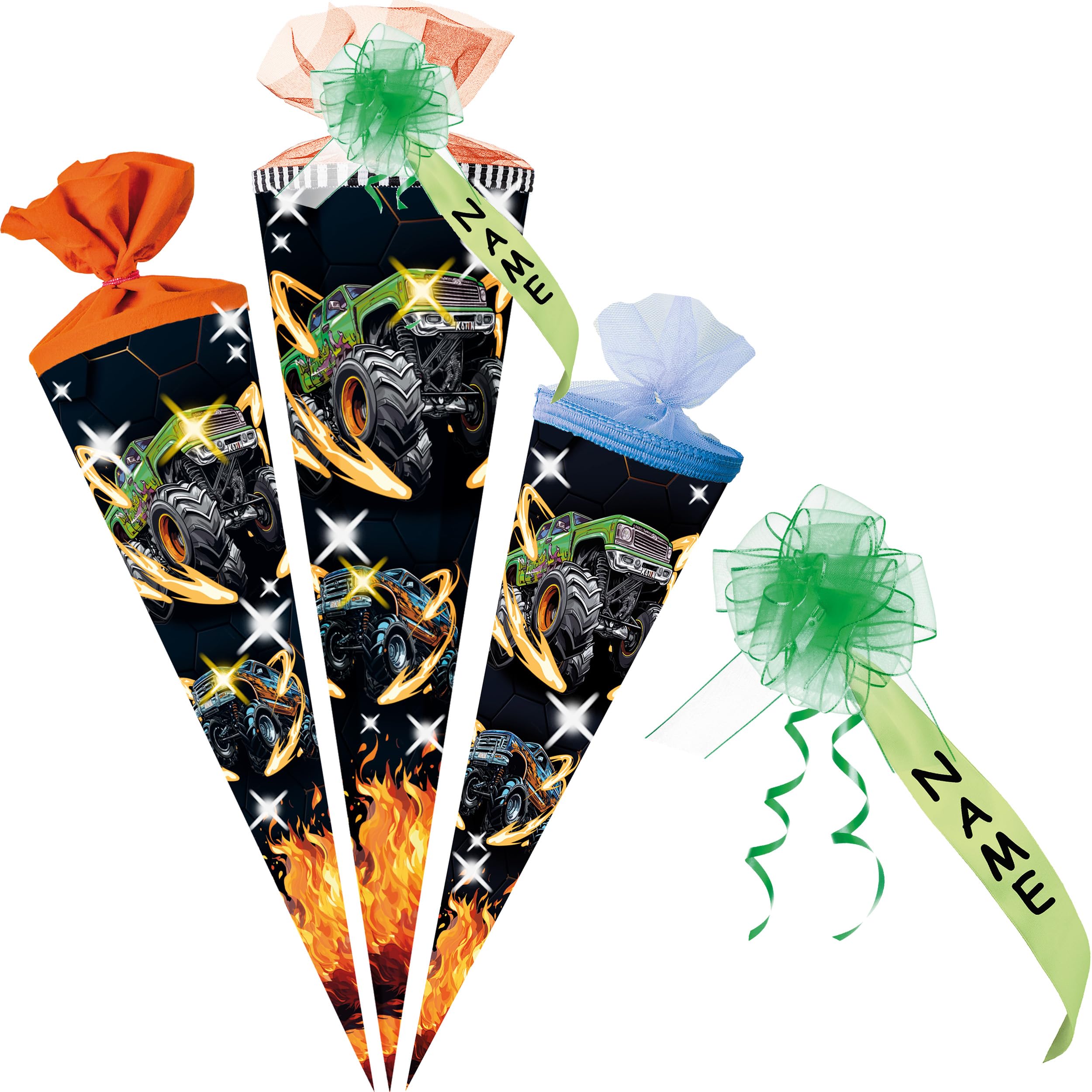 alles-meine.de GmbH Schultüte - mit LED LICHT + 3D Glitzer - Effekt ! - Monstertruck - 35-85 cm - Größe wählbar - Spitze wählbar - inkl. Name + Tüll Schleife - Zuckertüte - Tül..
