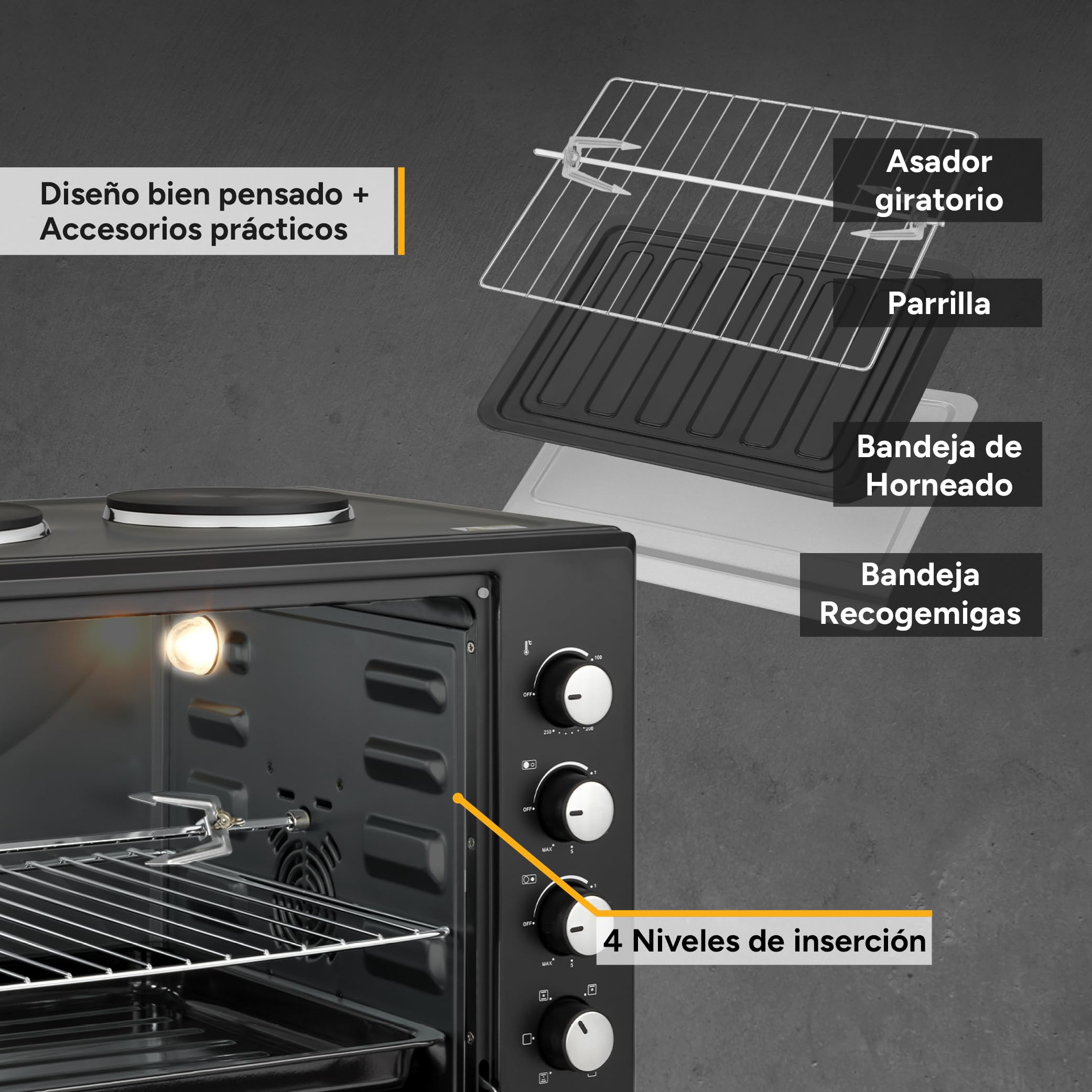 TZS First Austria - Mini Horno con quemadores 60L 3200 W - Minihorno para pizza con placas hasta 230°C y 6 modos de calentamiento - Multihorno con 4 alturas de inserción y accesorios de calidad