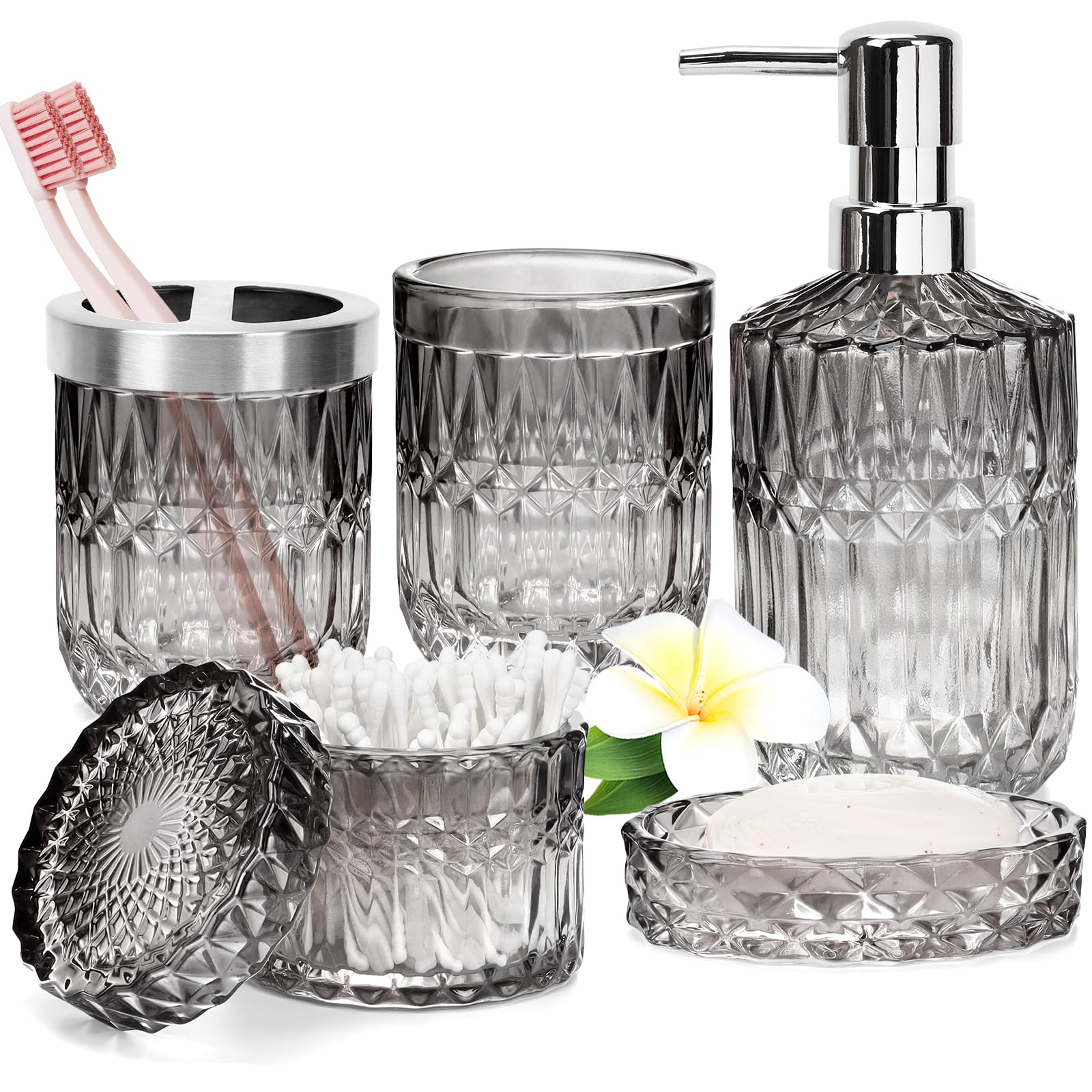 Glass Bathroom Accessories Set - 5Pc Toothbrush Holder Set with Tumbler, Soap Dish & Cotton Swab Jar - 5Ps Stylish Clear & Black Modern Bathroom Set with Elegant Design for Organised Space&Gift