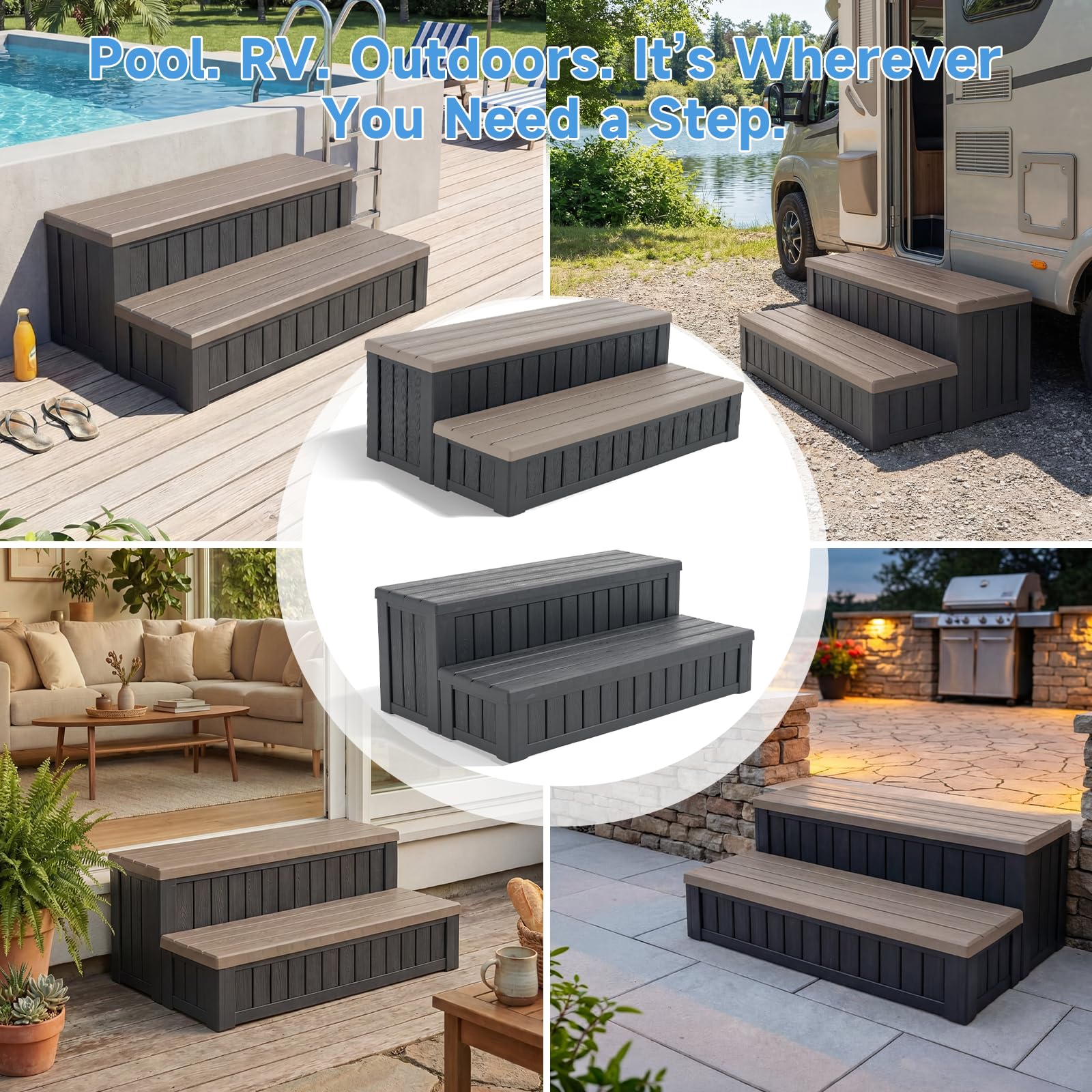 Escalones de bañera de hidromasaje con almacenamiento, escaleras impermeables para exteriores, café