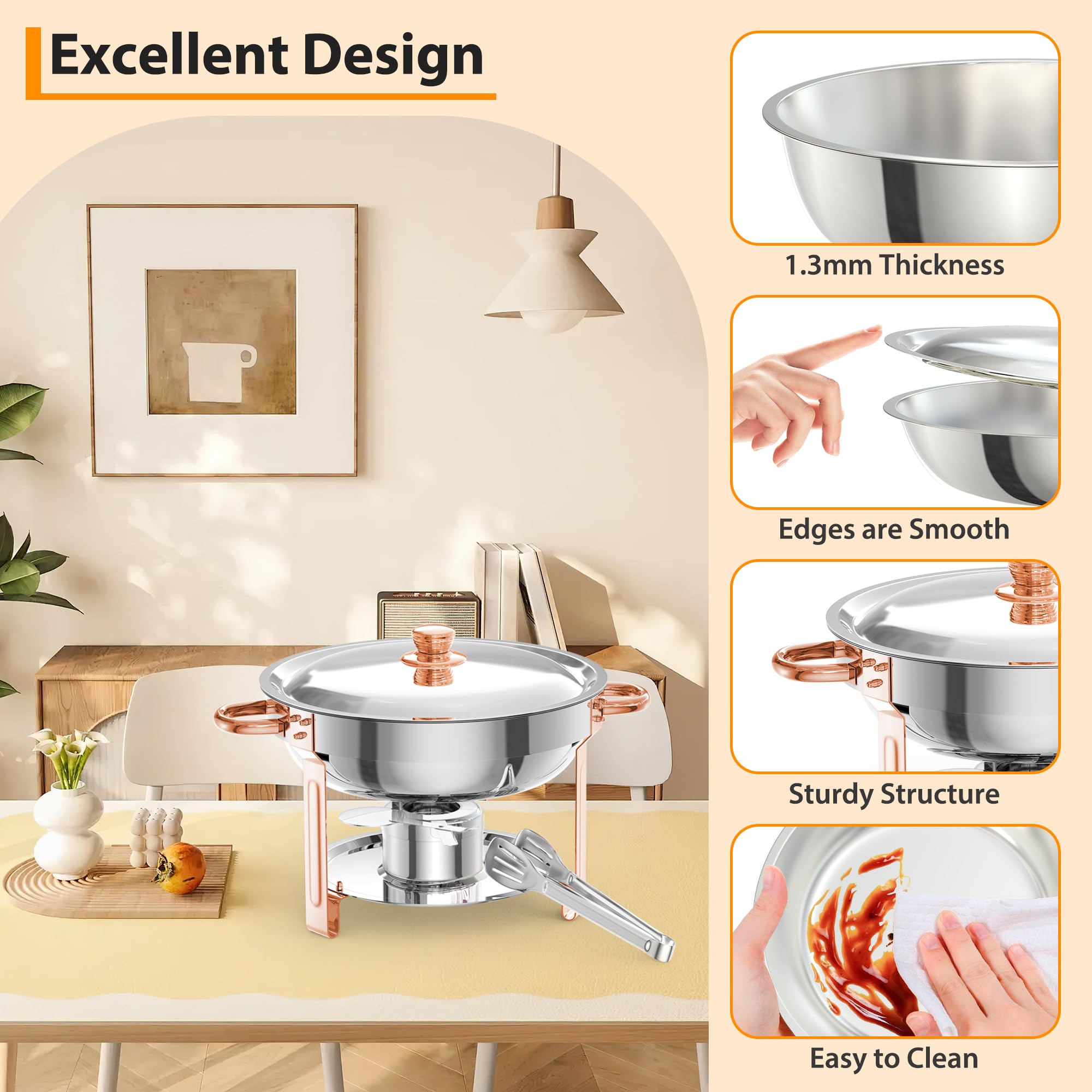 Chafing Dish Buffet Set, 5L Warmhaltebehälter Essen 6er Pack, Edelstahl Speisewärmer mit Deckel, Löffel & Pinzette, Rund Catering-Wärmespender für Hochzeiten Buffet Jede Party Veranstaltung Catering