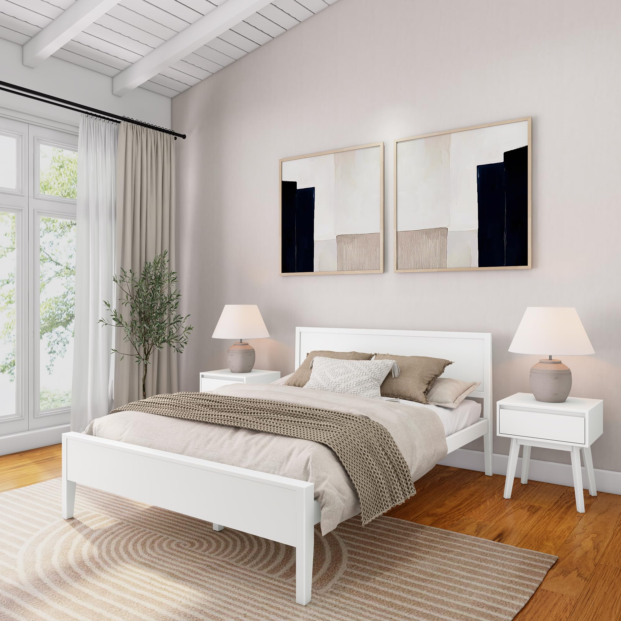 Plank+Beam Solid Wood Queen Bed Frame with Panel Headboard, Modern Queen Platform Bed with Wood Slat Support, No Box Spring Needed, White