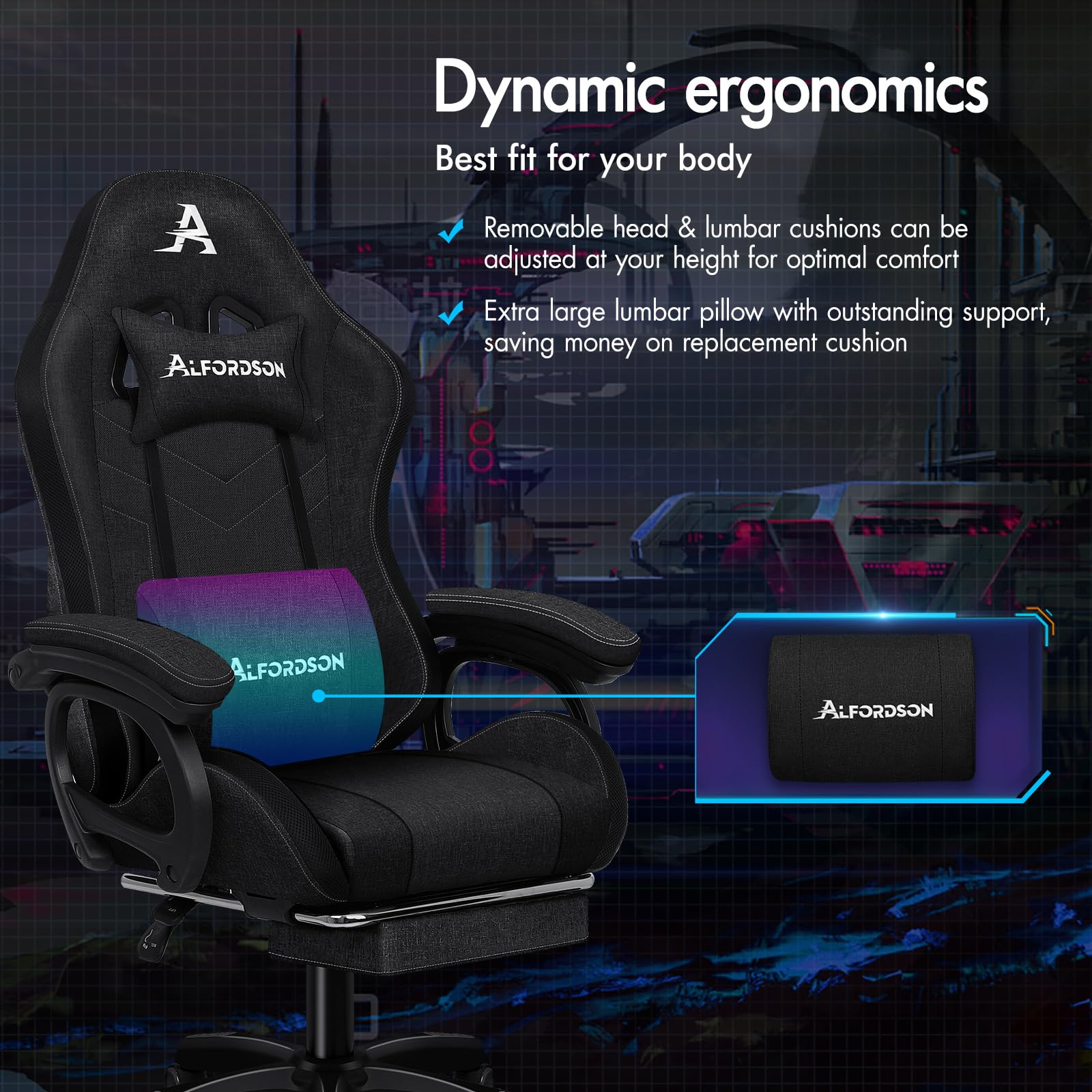 ALFORDSON Krzesło gamingowe Ergonomiczne krzesło z poduszką lędźwiową, zagłówek, krzesło dla graczy, z regulacją wysokości, krzesło biurowe dla dorosłych, dziewcząt, chłopców, tkanina lniana, kolor