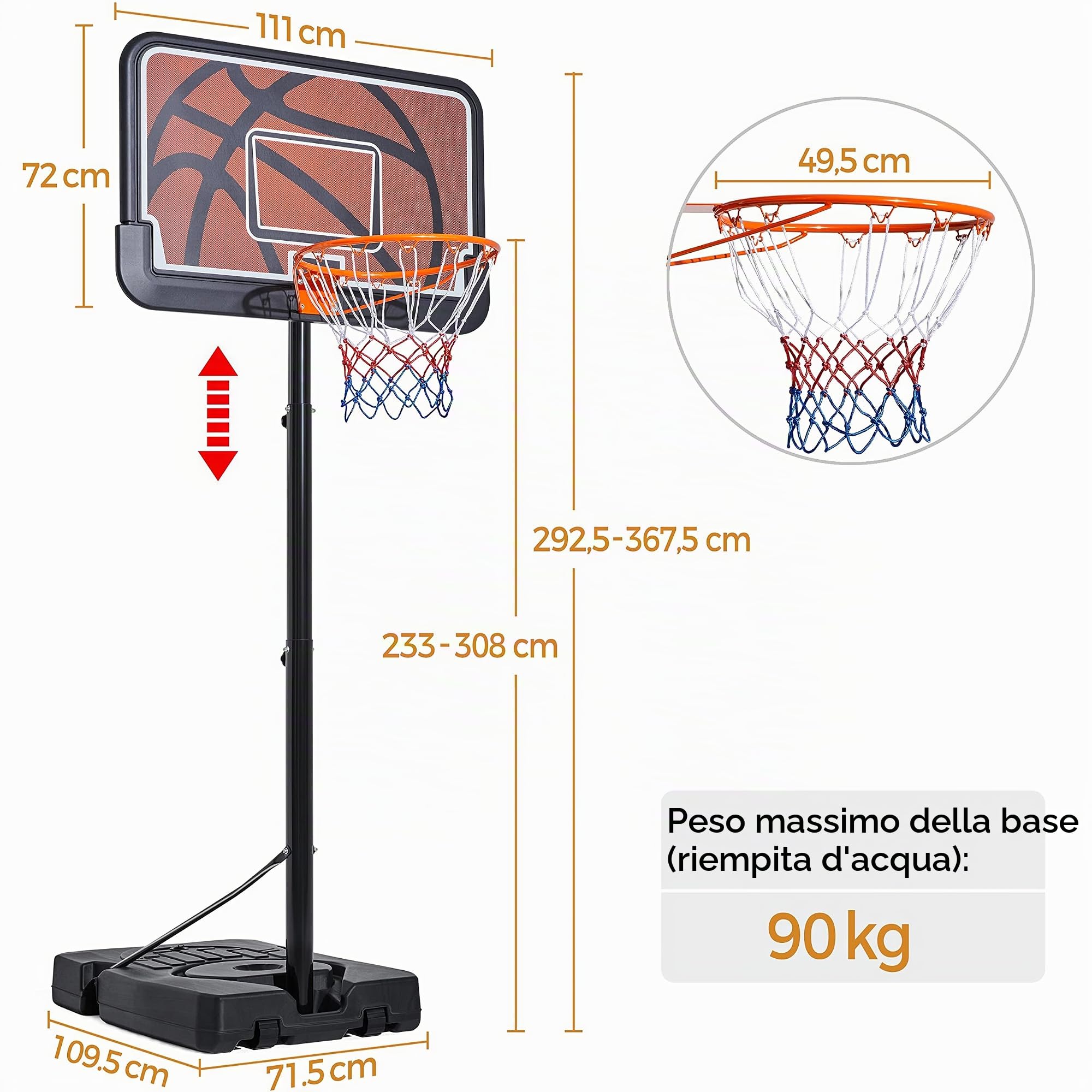 Yaheetech Canestro da Basket con Tabellone Cerchio Regolabile 233-308 cm da Interno/Esterno in HDPE e Metallo con Ruote Nero/Arancione