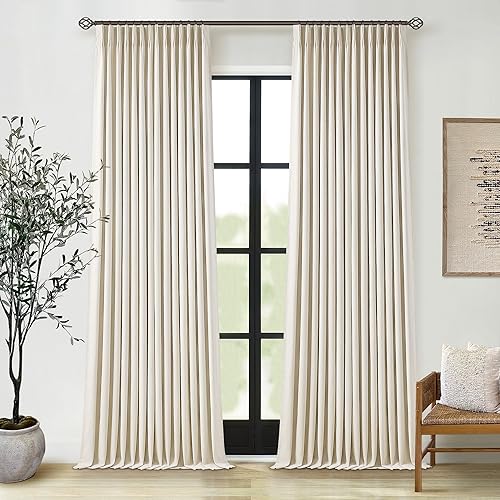 Miniatura 58 de Cortinas de lino 100% opacas de 90 pulgadas con pliegues de 2 paneles para sala de estar, con pestaña trasera plisada, cortinas oscuras con forma de