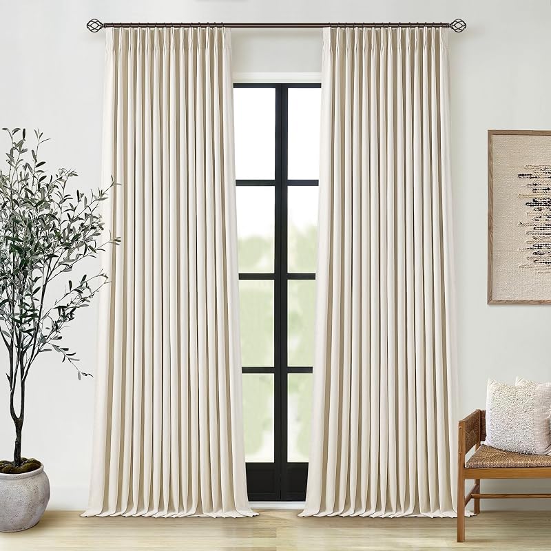 Cortinas opacas plisadas de lino color beige crema para dormitorio de 90 pulgadas de largo | Pliegue de pellizco para sistema de riel, pestaña trasera, 100% oscurecimiento de la habitación con aislamiento térmico, casa de campo neutra, para sala de estar