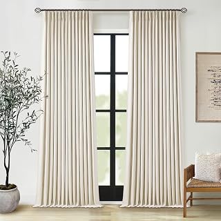 Pleated Cream Beige Linen Blackout Curtains for Bedroom 90 Inch Length