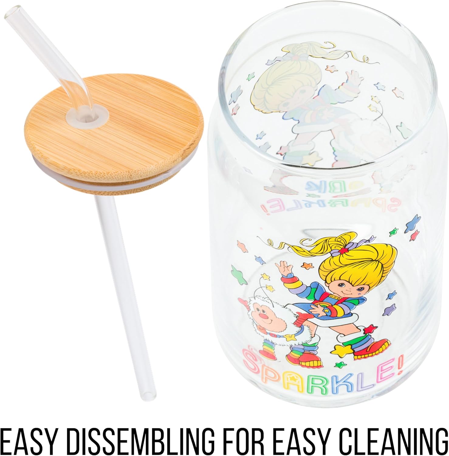 Silver Buffalo Rainbow Brite Stars Sparkle Featuring Twink Glass Jar Tumbler with Bamboo Lid and Glass Straw, 16 Ounces - Image 6