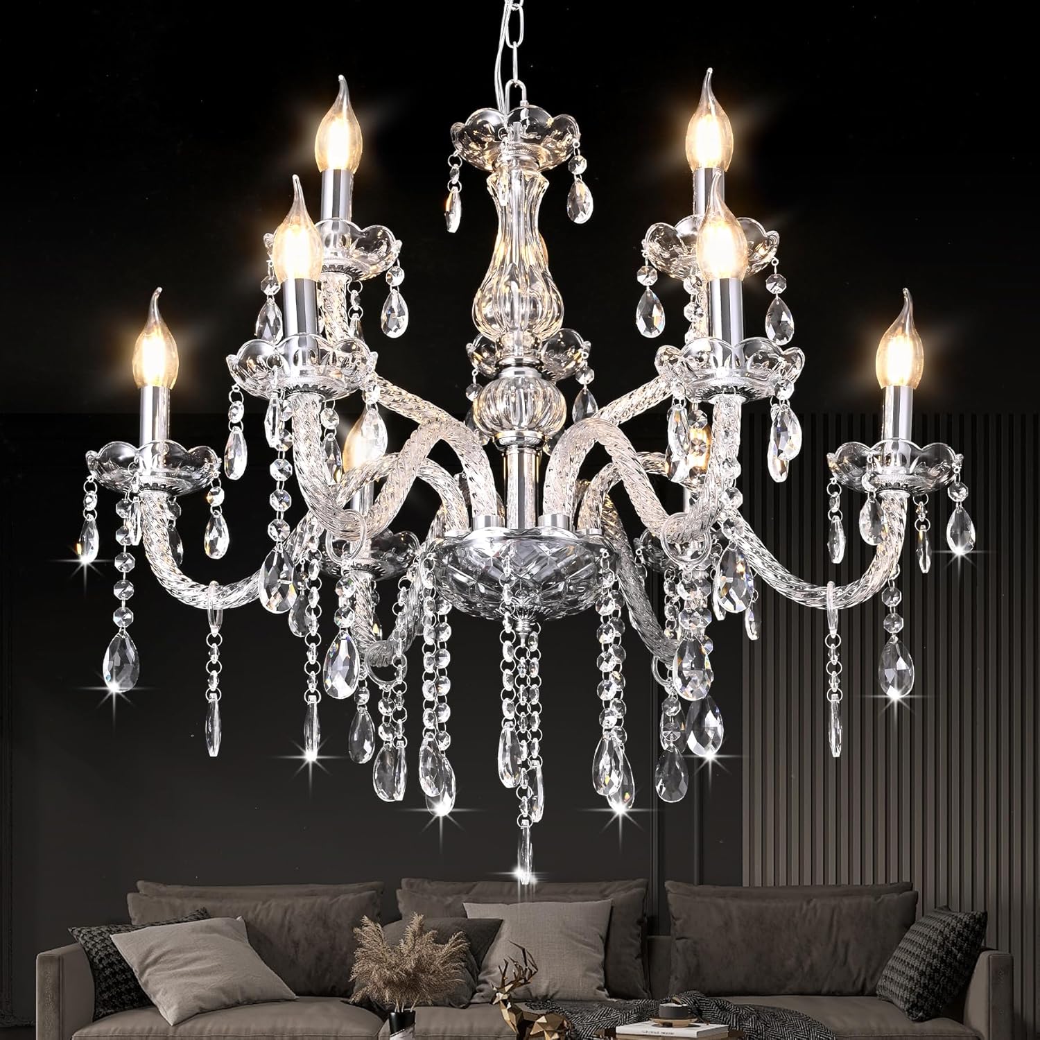 MALOSA Clear Crystal Chandeliers,9 Lights Glass Large Chandelier for Dining Room,Bedroom,Living Room,Kitchen Island,Hallway Double Layer 26.4"