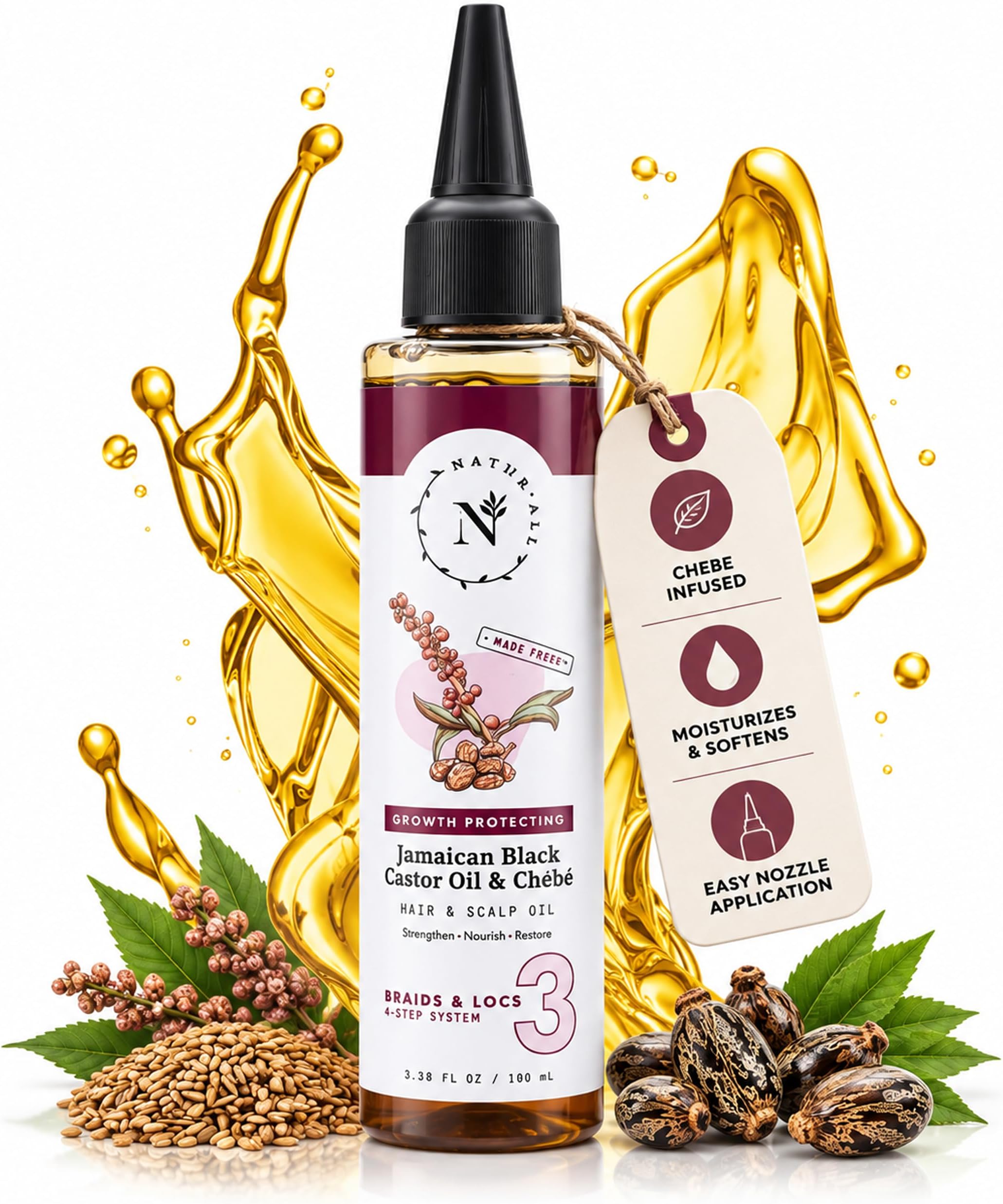 NaturAll 100% Natural Chebe & Jamaican Black Castor Oil for Hair Growth - Authentic Oil (from Chad) with Nozzle for Easy Application, 3.38 Oz