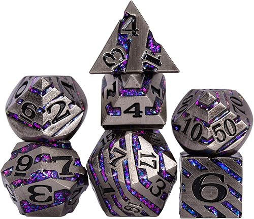 Miniatura 7 de DND - Juego de dados de rayas de metal, 7 piezas de dados poliédricos RPG con estuche de regalo para Calabozos y Dragones (níquel envejecido morado)