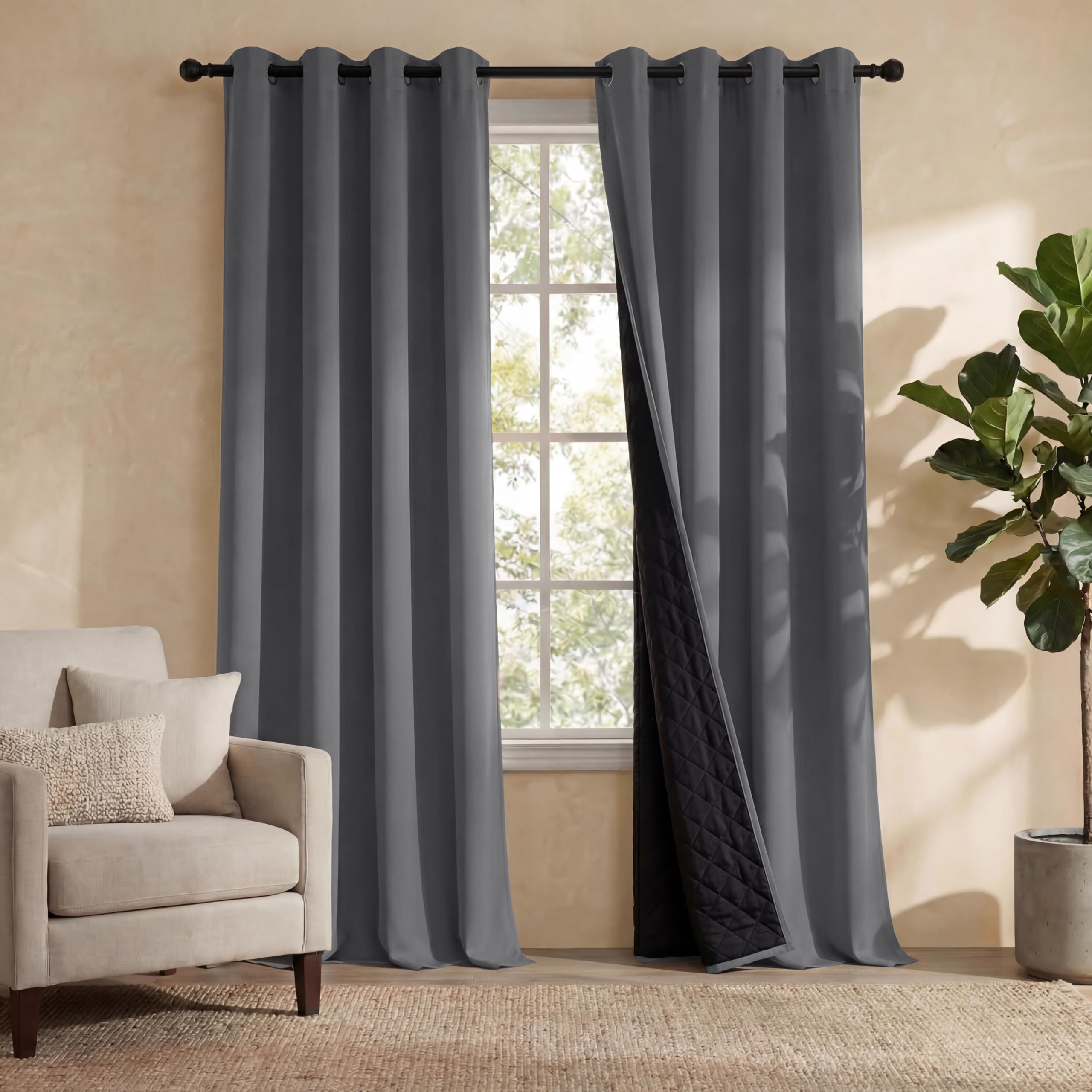 PONY DANCE Curtains Grises 100% Opacas de Dos Capas para Salon/Dormtiorio 2 Piezas 140x210cm, Cortinas Termicas Aislantes Calor con Forro Negro