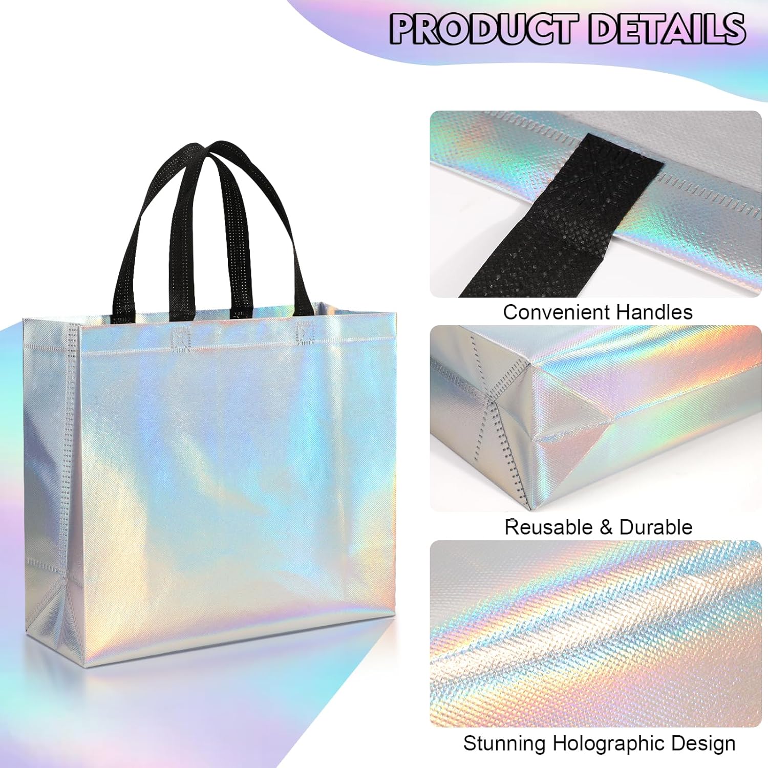 PHOGARY 15Pcs Iridescent Glossy Gift Bags with Handles & Sturdy Base, 12.6x4.7x11 In Reusable Holographic Christmas Gift Bags, Non-woven Goodie Bag Bulk for Birthday, Wedding, Holiday Party - Image 2