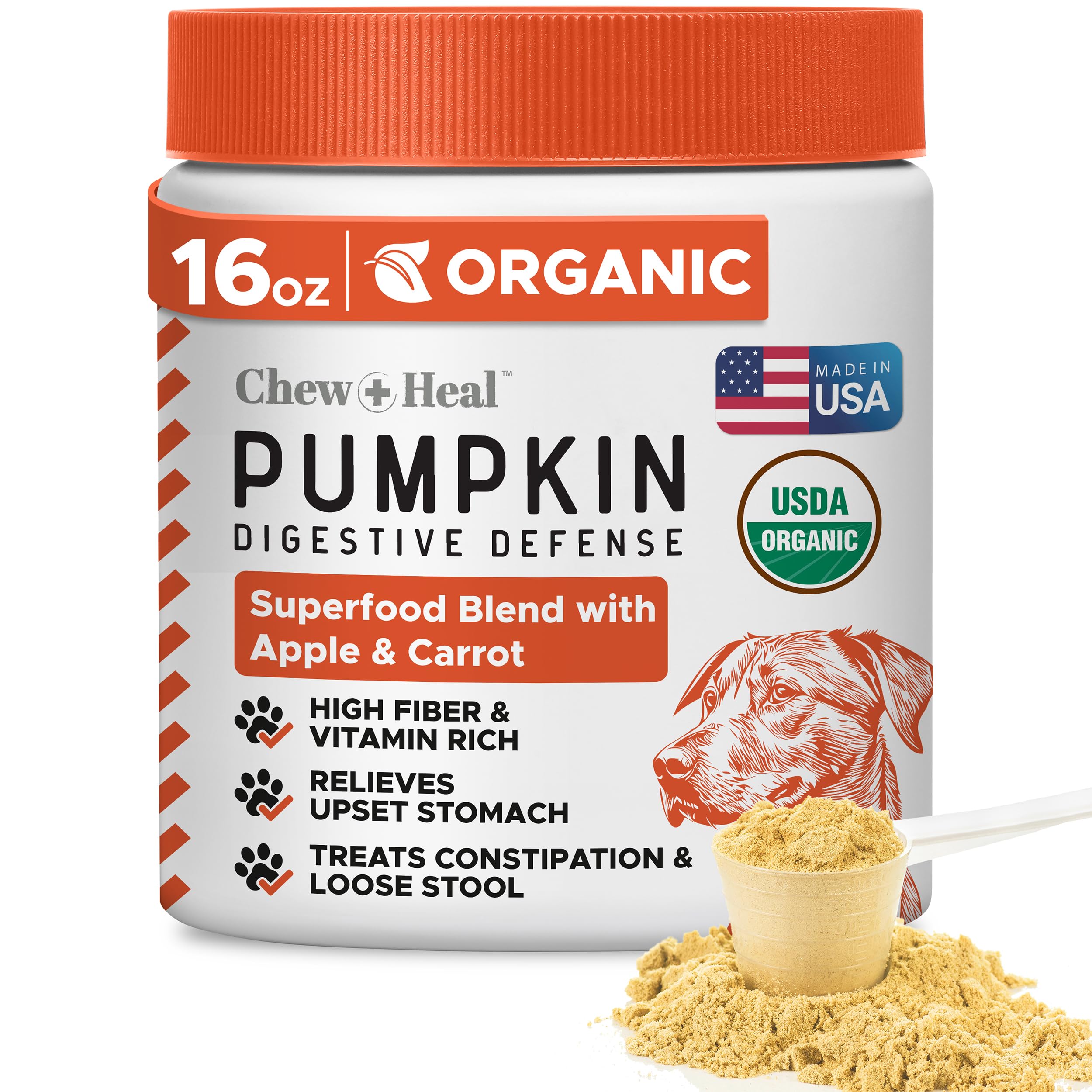 Organic Pumpkin Powder for Dogs - 16 oz of Powder for Dog Digestion with 5cc Scoop - Made with Pumpkin, Apple, and Carrots - Made in The USA