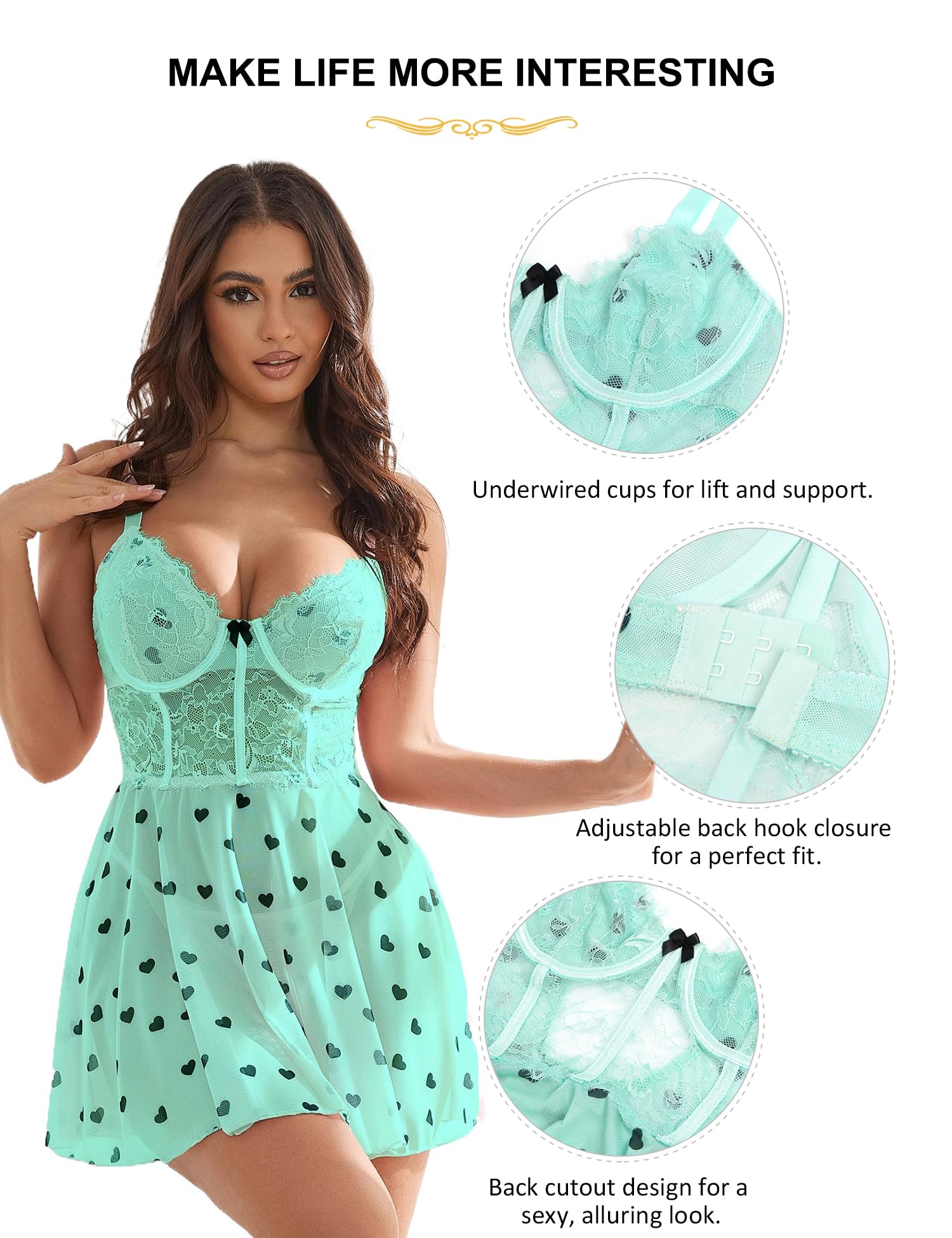ohmydear Camicia da Notte con Reggiseno Push Up Lingerie Sexy Trasparente Babydoll in Pizzo con Perizoma Vistito Sexy con Spaghetti Completo Intimo Donna Seducente Scollo a V