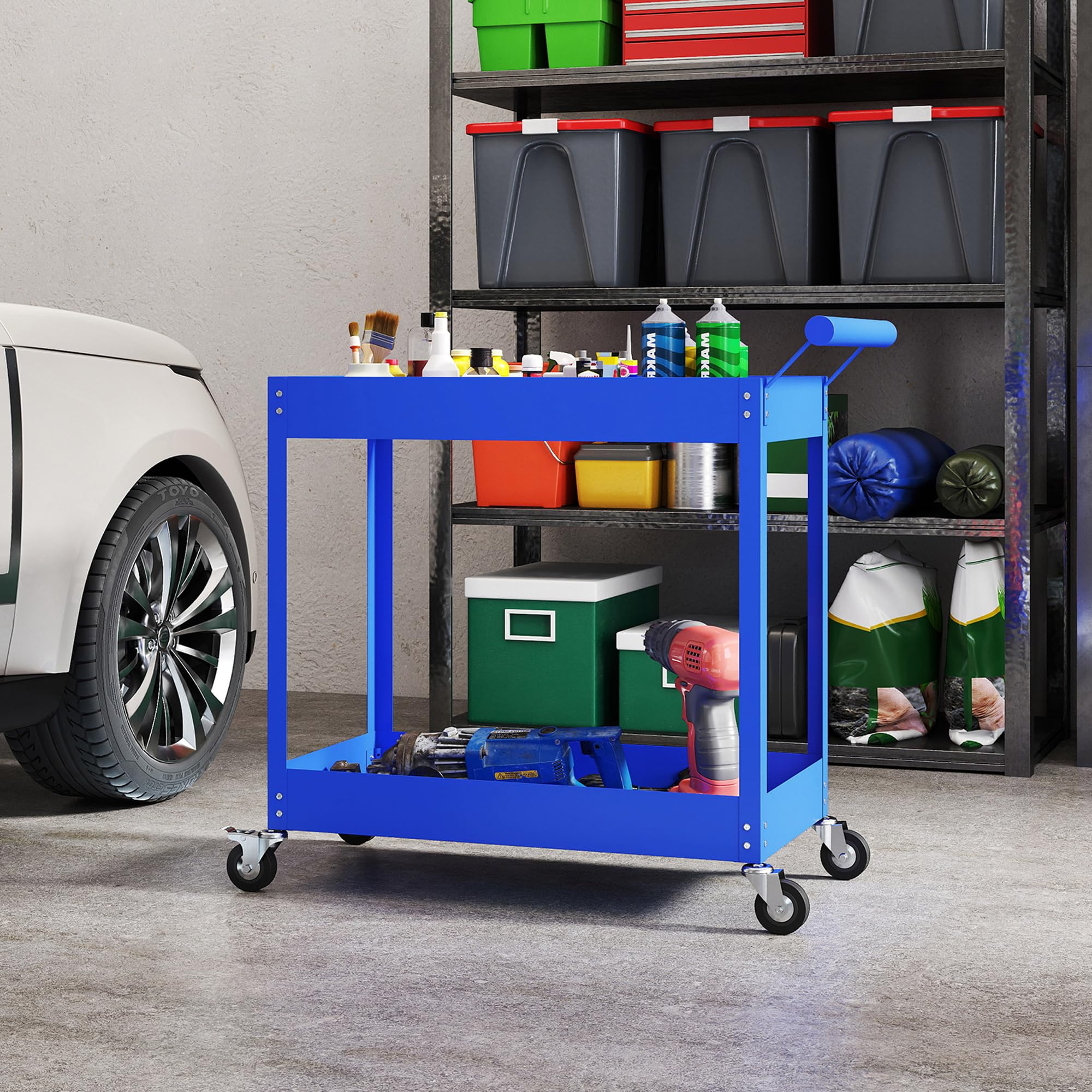 DURHAND Carrello da officina per officina, carrello per attrezzi a 2 livelli, maniglia laterale e ruote bloccabili, per garage, magazzino, utensili fai da te, carico 150 kg, 84,5 x 38 x 84 cm, blu