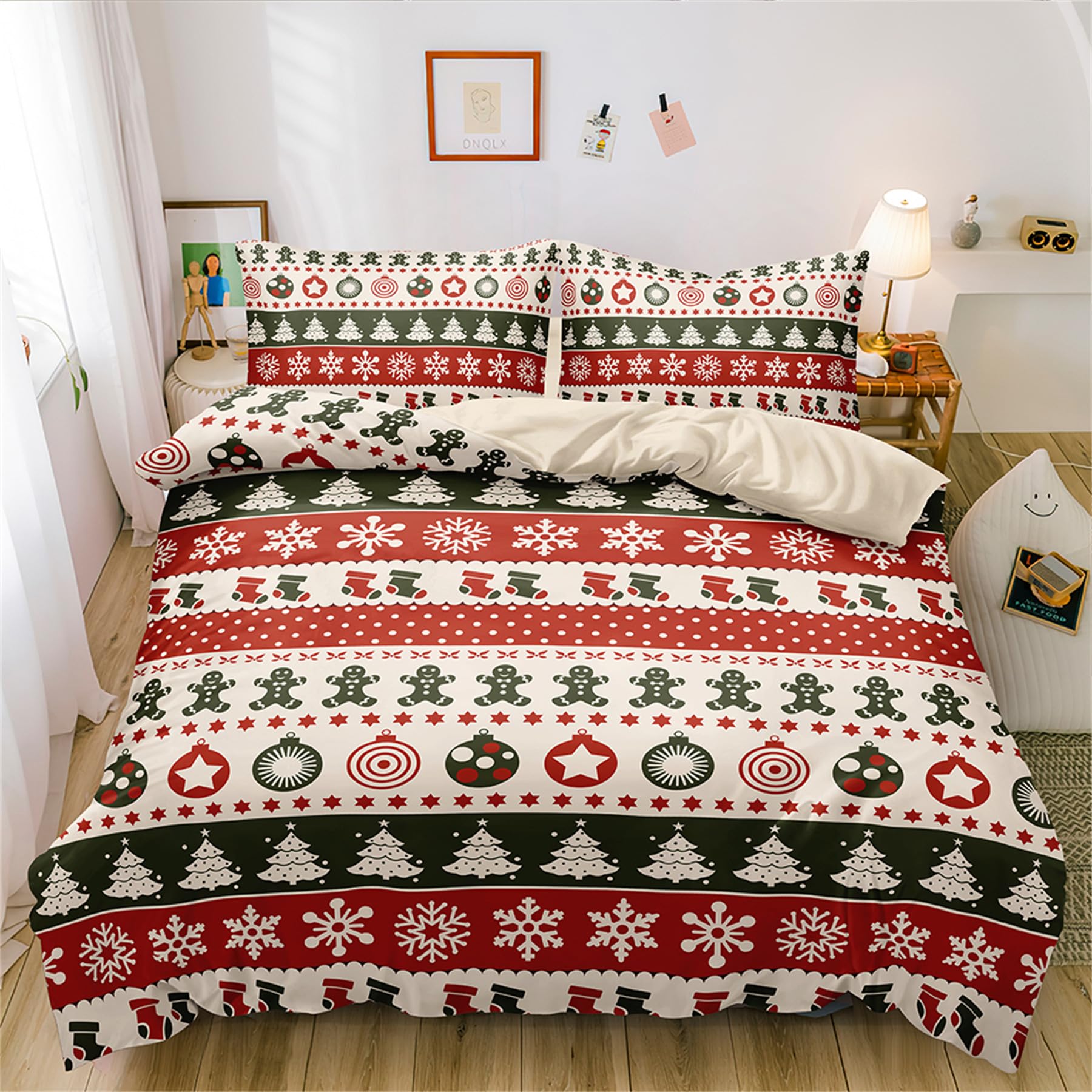 Gezu Weihnachten Bettwäsche 220x240cm Mädchen Jungen Beige Grün Rot Karo Schneeflocke Weihnachtsmann Muster Babybettwäsche Kinderbettwäsche 1 Bettbezug und 2 Kissenbezug 80x80cm