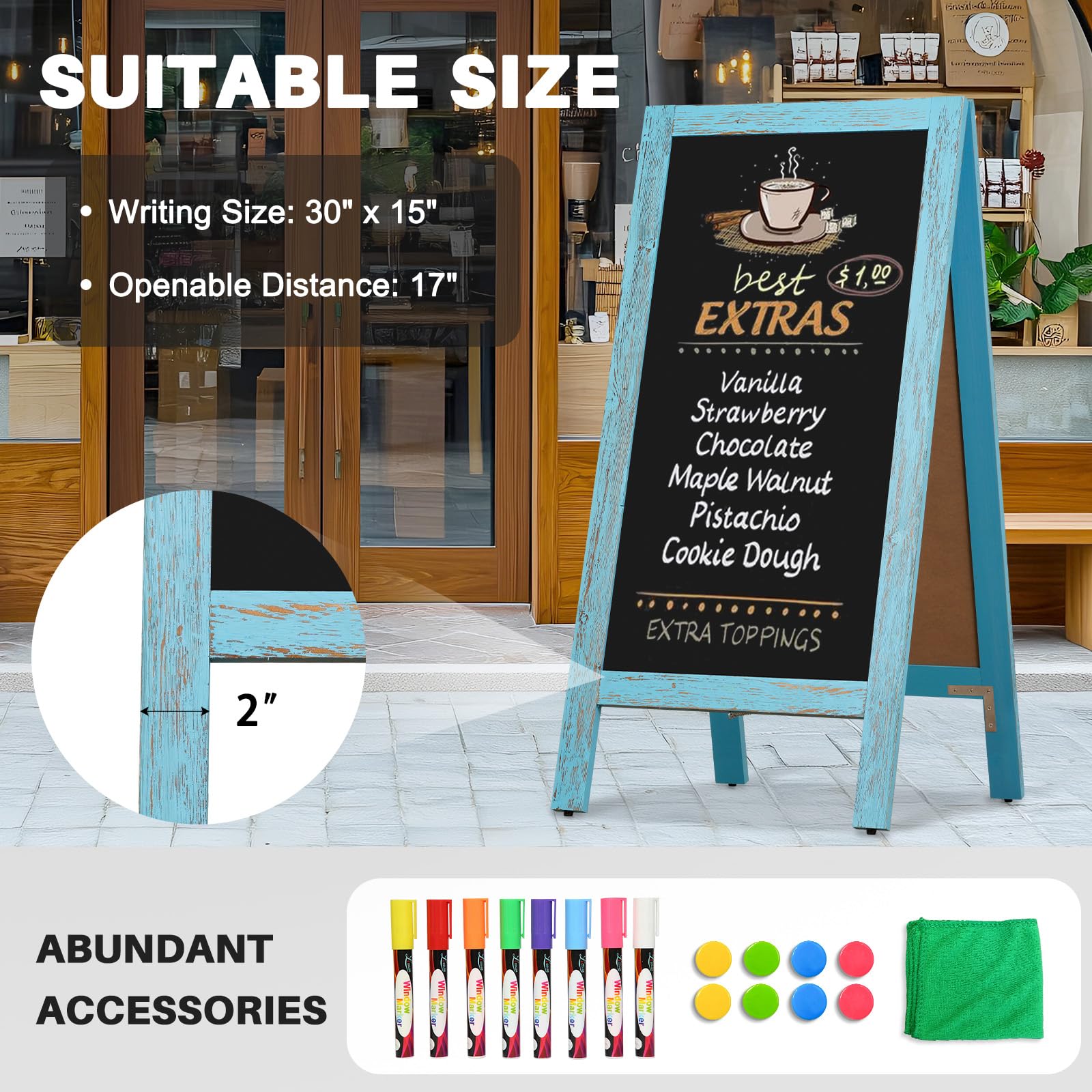 4 THOUGHT A-Frame - Pizarra magnética para acera, 40 x 20 pulgadas, tablero sándwich de madera rústica de doble cara independiente para exteriores, caballete publicitario para restaurante, cafetería,