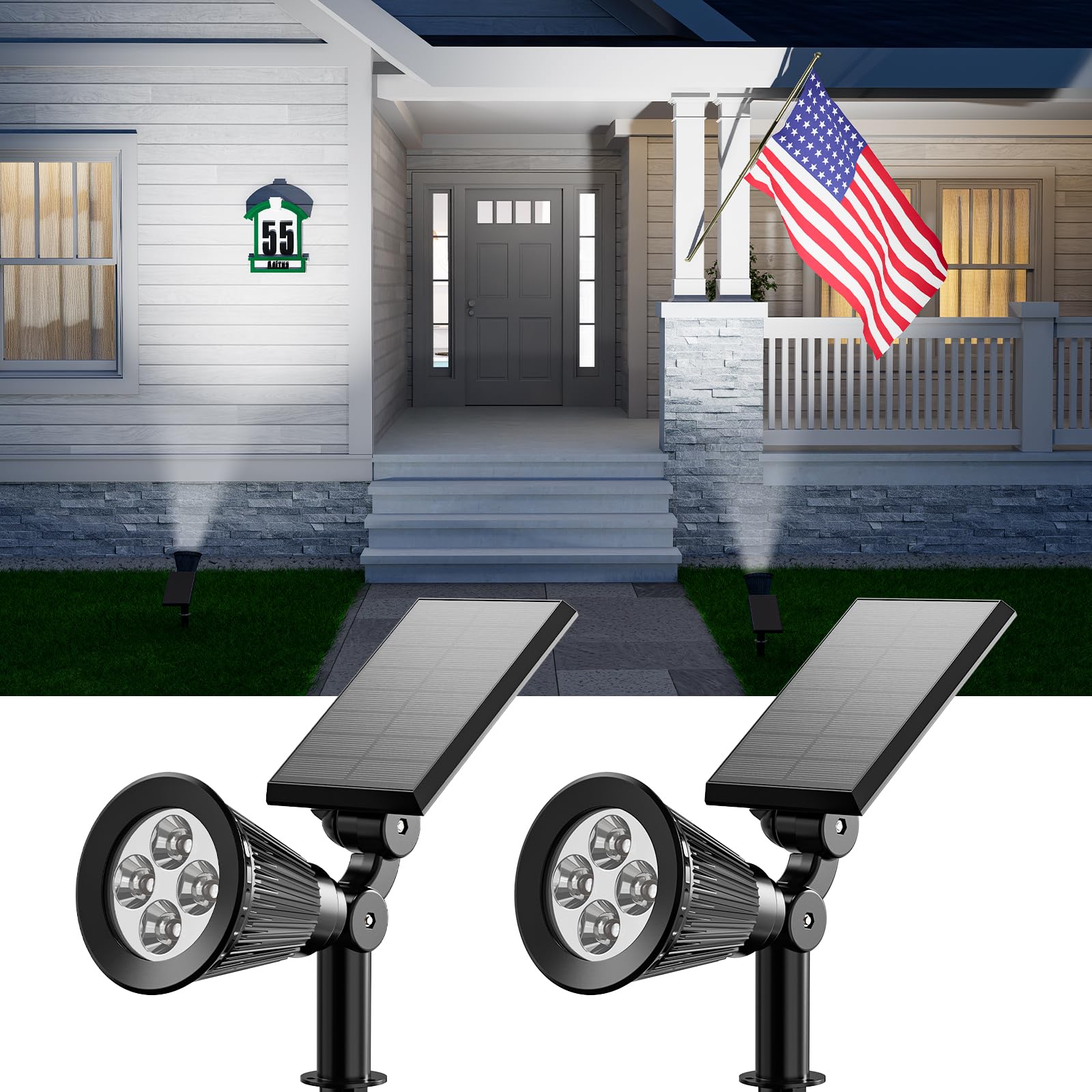 FALOVE 2 Pack Solar Spot Lights Outdoor Cool White LED Waterproof Landscape
