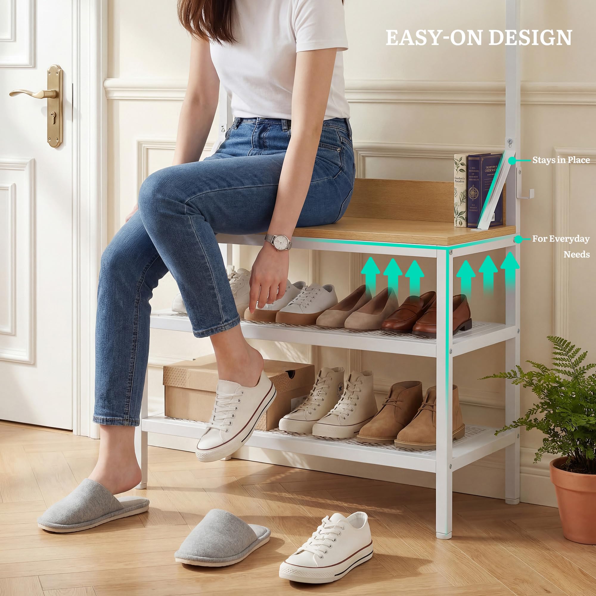 YITAHOME Appendiabiti a 2 ripiani, con porta scarpe, stand appendiabiti, industriale, con 9 ganci per corridoio, soggiorno, camera da letto, telaio in metallo