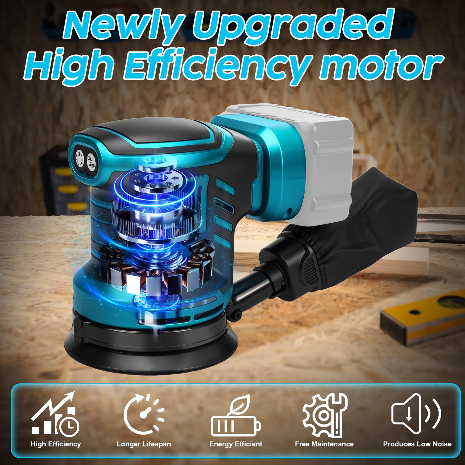 WingFly Ponceuse Excentrique pour Makita 18 V batterie, 125mm, 3 vitesses | Ponceuse orbitale 7000-11000 tr/min, Livrée avec 15 Disques Abrasifs, idéale pour le travail du bois professionnel