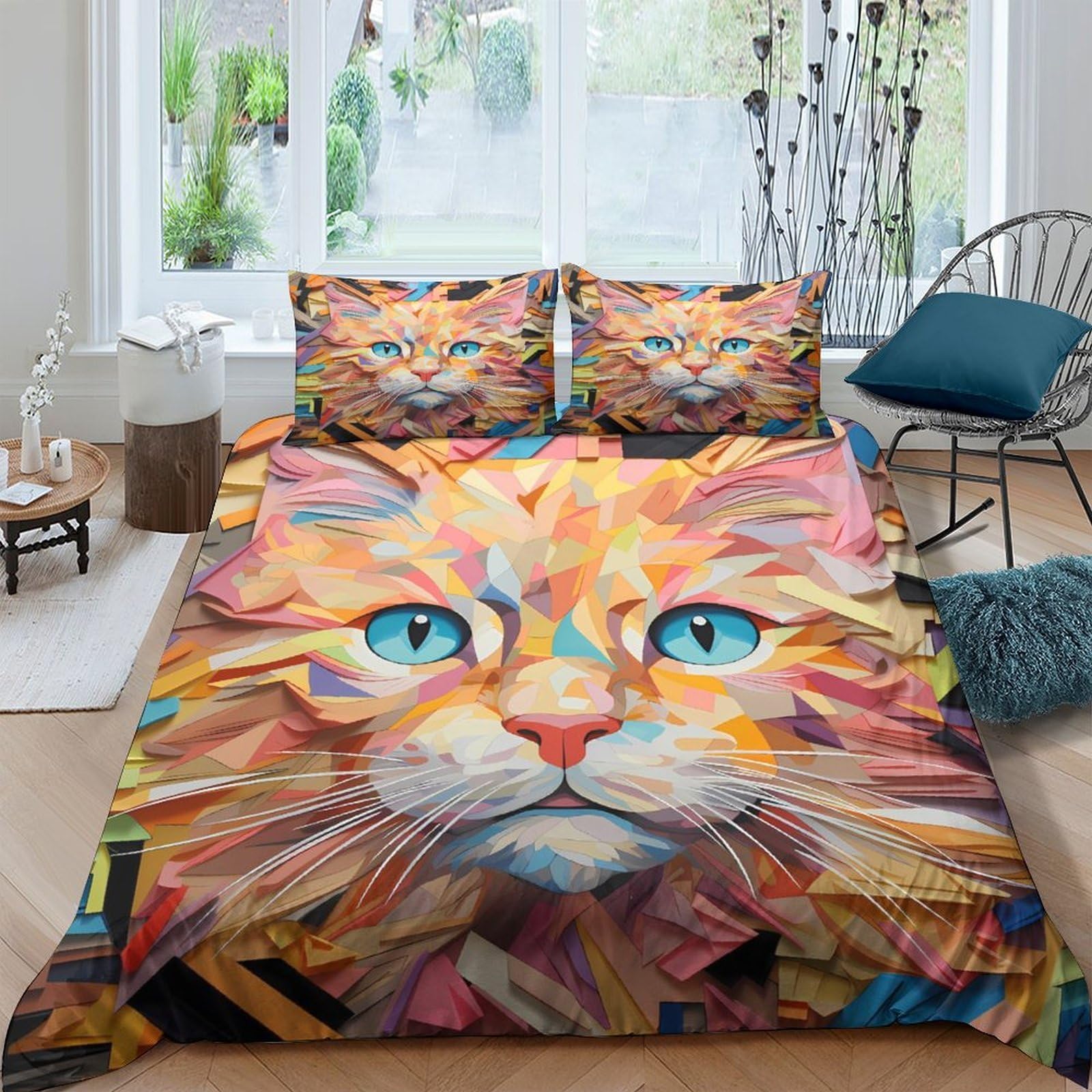 Ctjqhvkz Style-4 3D Printed Colorful Cat Fitted Sheet Microfiber Soft Bedroom Decor Artistic Orange Blue Mattress Cover Single（135X200cm）