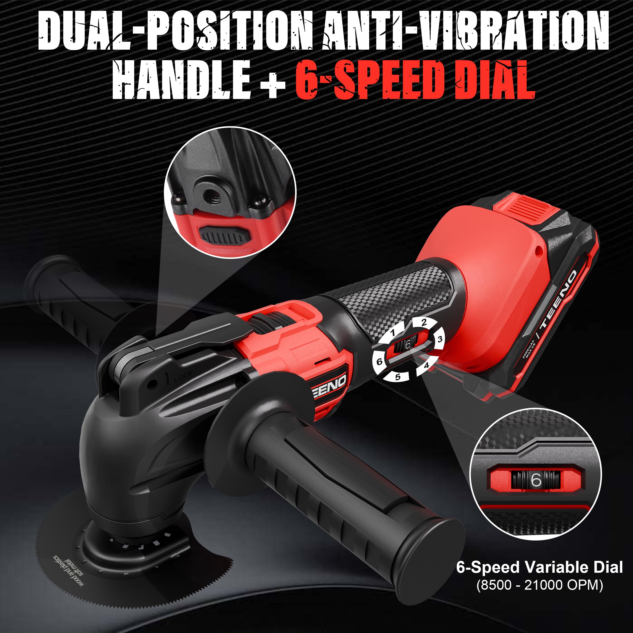 TEENO Outil Multifonction Oscillant Sans Fil 20V, Brushless Outil Multifonction Sans Fil, 6 Vitesses Variables, 8500-21000 tr/min, Chargeur, Angle Oscillant 4°, Pour Racler, Polir, Couper