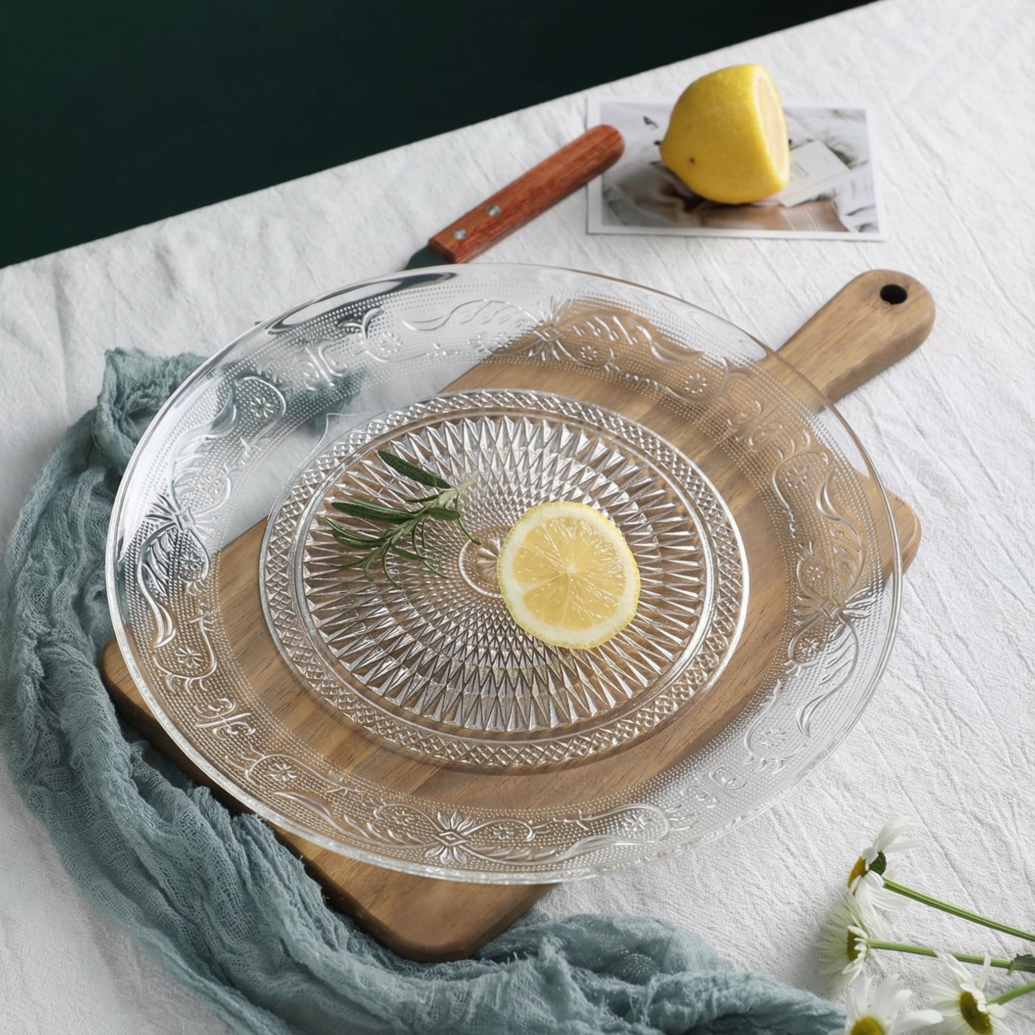 Elsjoy Paquete de 6 platos grandes de cristal de 10 pulgadas, plato redondo transparente para servir, vajilla vintage en relieve para ensalada, pasta, frutas