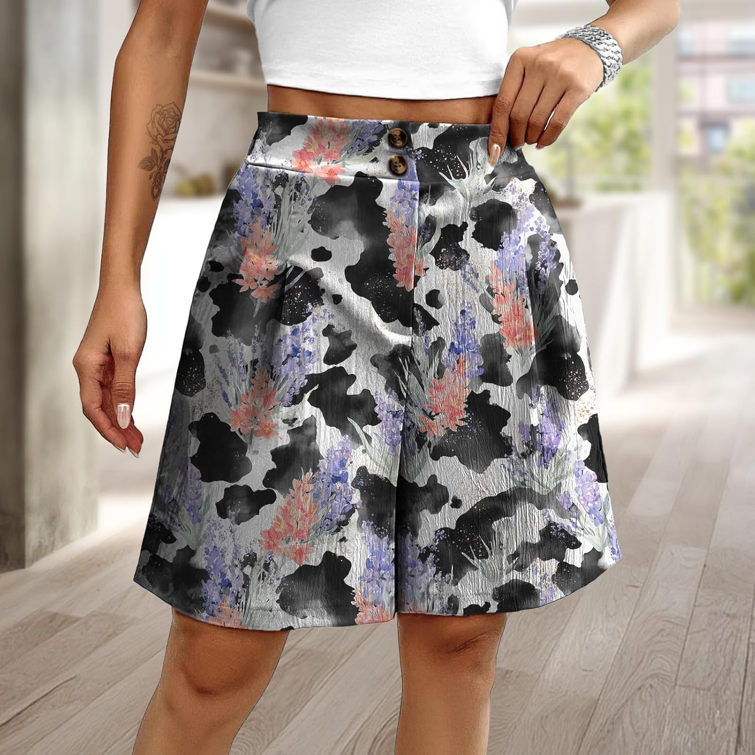 Workout Shorts Women High Waisted Button Down Loose Fit Boho Floral Beach Vacation Summer Casual Trendy Pants - Image 2