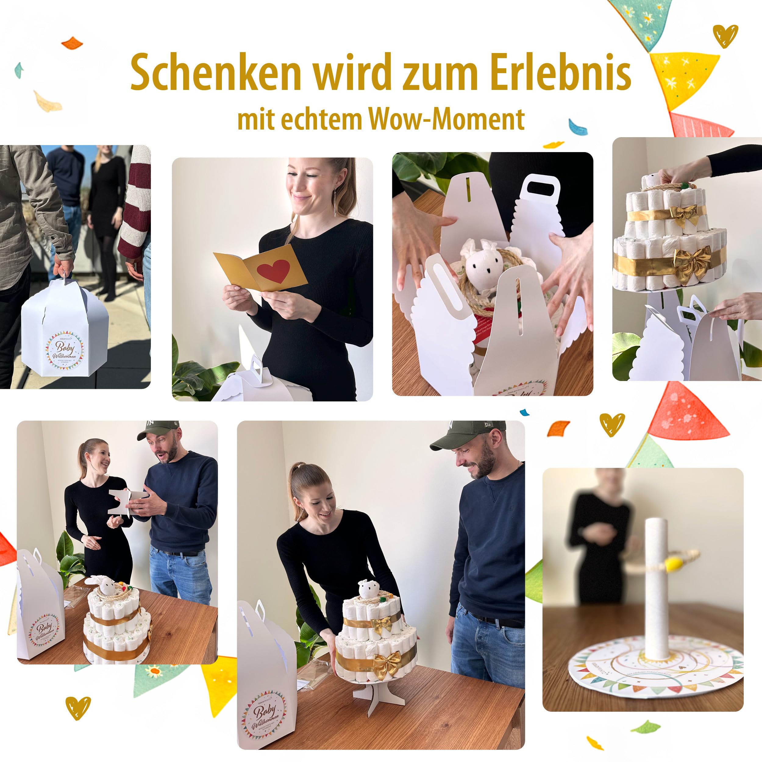 Windeltorte Mädchen und Windeltorte Junge - Einzigartige Baby Windeltorten mit kreativem Wurfspiel am Tortenboden als Geschenk zur Geburt für Baby UND Eltern ausgefallene Geschenke Geburt