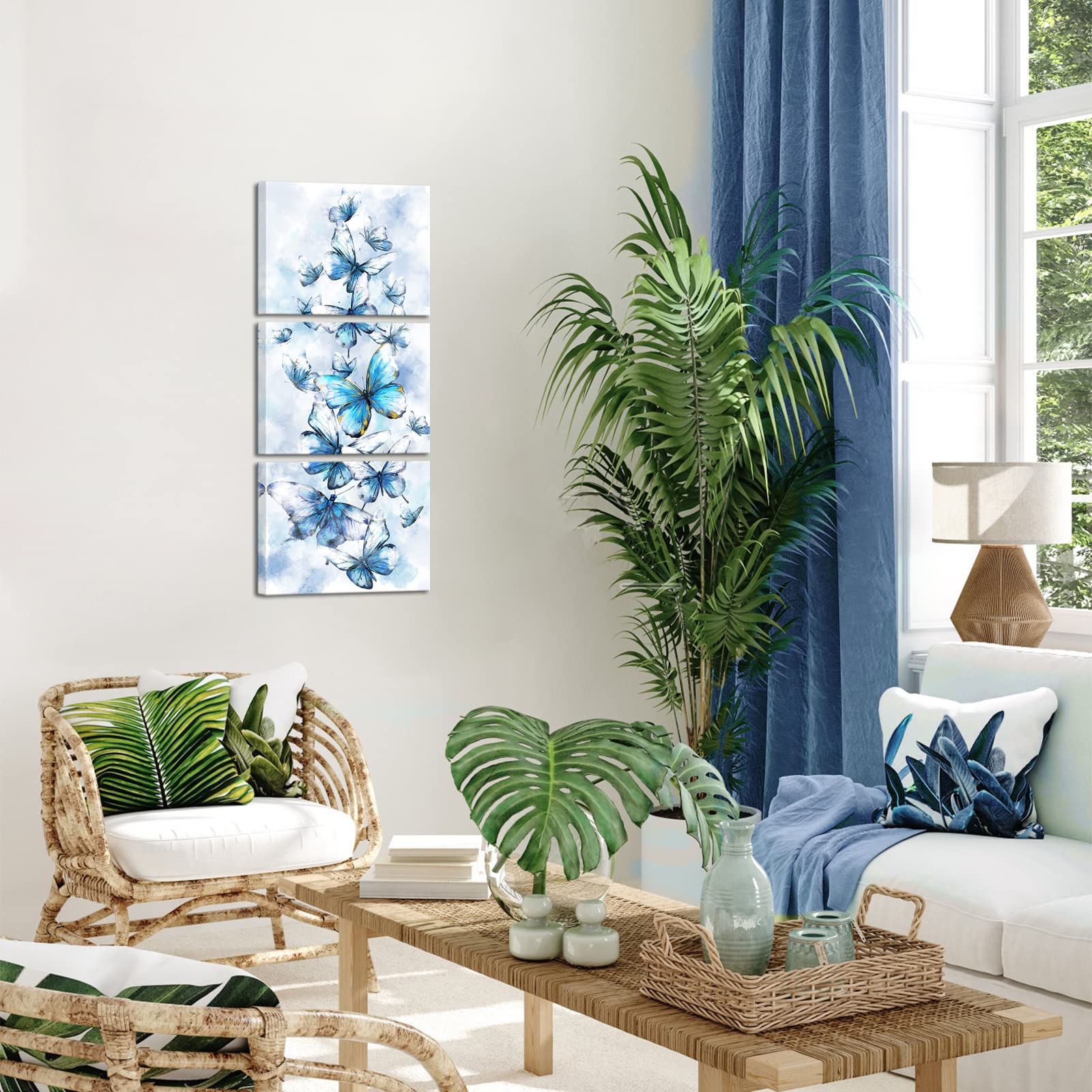 sechars 3 Piece Blue Butterfly Canvas Wall Art Decor Modern Watercolor Butterflies Painting Picture Print for Living Room Bedroom Bathroom Navy Blue Decorations