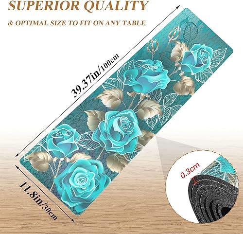 Miniatura 2 de Camino de mesa salvamanteles para el día de San Valentín, 40 pulgadas de largo, color turquesa, rosas, hojas, contorno de oro blanco, resistente al