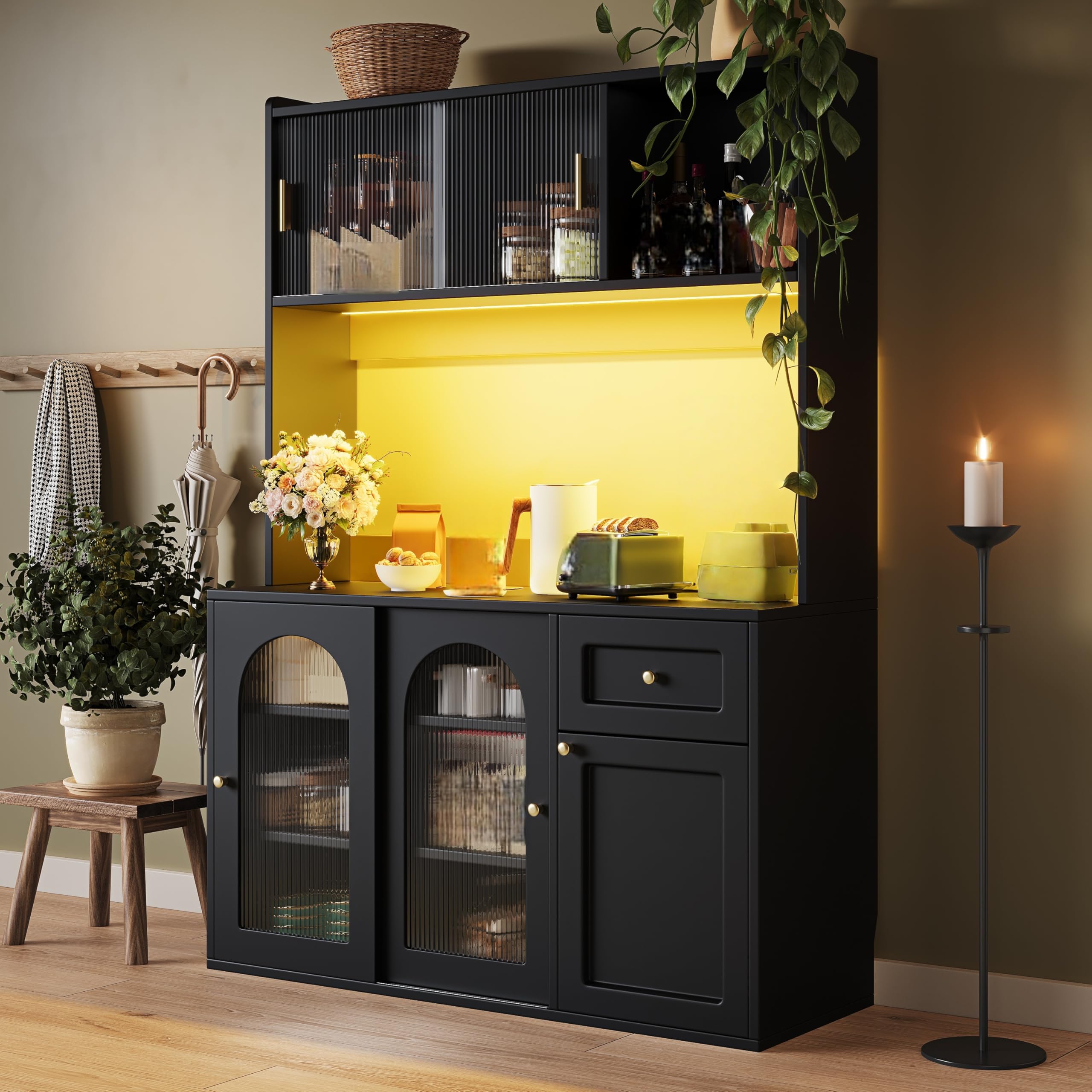 Küchenschrank mit Arbeitsplatte und LED-Beleuchtung, Buffetschrank Küchenschränke mit Verstellbaren Ablagen und Schubladen, Küchenbuffet Buffetschrank, 120x35x167 cm, Schwarz