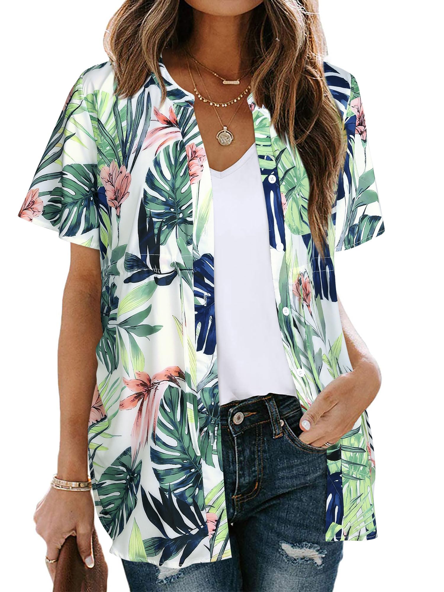 EzcosplayWomens Hawaiian Shirt Button Down V Neck Tropical Outfits Short Sleeve Floral Print Beach Hawaii Blouse