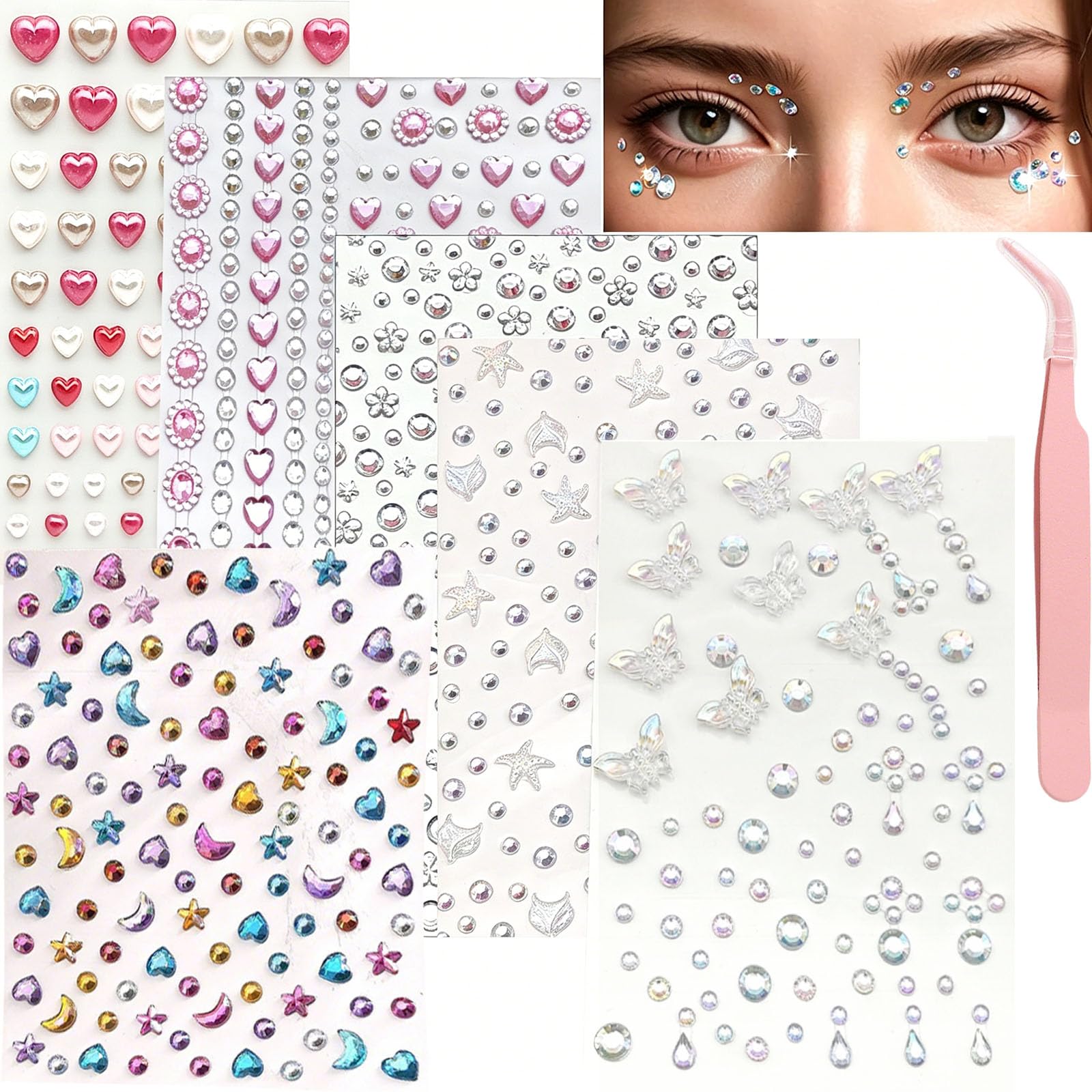 7Pcs Rhinestone Stickers Kit with Tweezer, Face Glitter Hair Stickers for Nail Art, DIY Crafts, Makeup and Costume Design, Self-Adhesive Gems for Creative Decoration-image-46