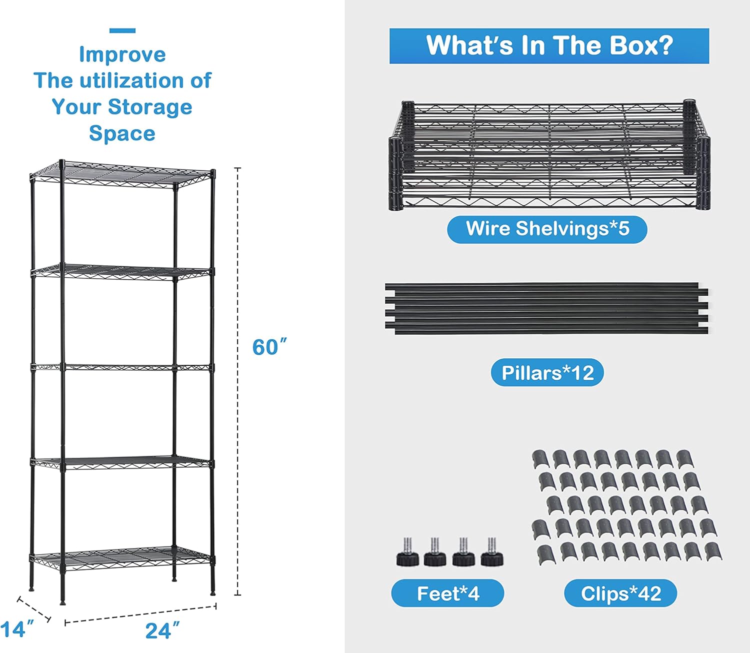 5 Tier Storage Shelves Metal Shelving Units, 750 Lbs Capacity Wire Shelf Storage Rack Utility Shelf with Adjustable Feet, Heavy Duty Shelving Unit for Pantry Garage Kitchen, 24"Lx14"Wx60"H, Black
