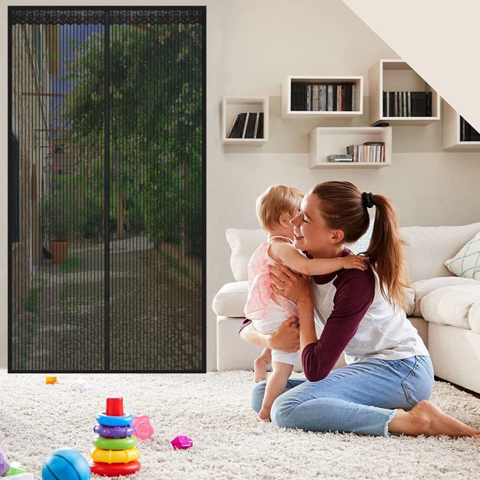 Magnétique Moustiquaire Porte Rideau 190x185cm Noir Ultra