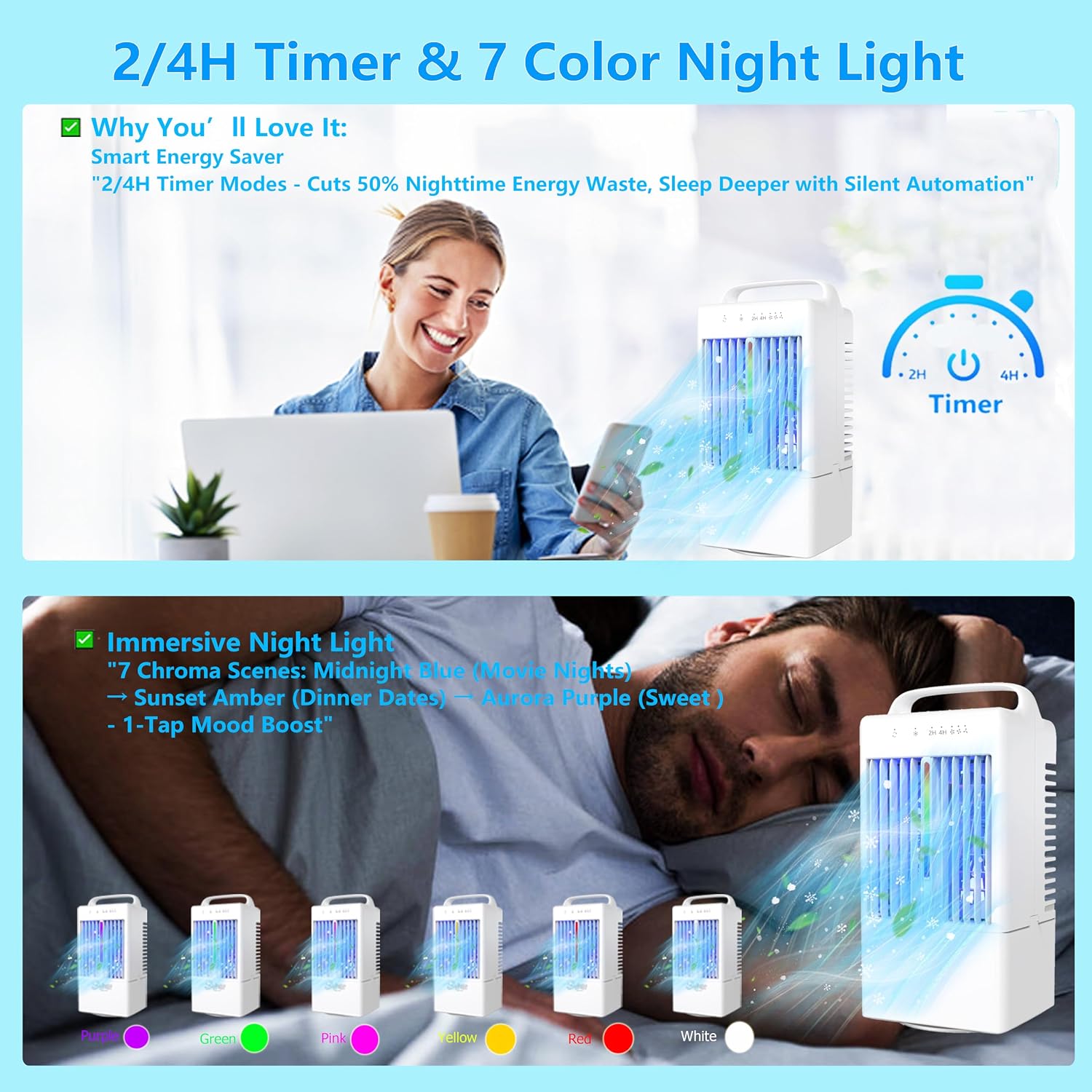 Portable Air Conditioners - Upgraded 90° Auto Swing Mini Personal Air Conditioner - 3 Speeds & 2/4H Timer, 900ml Water Tank, 7 Color Light, Evaporative Air Cooler AC Cold Fan for Bedroom Office Desk