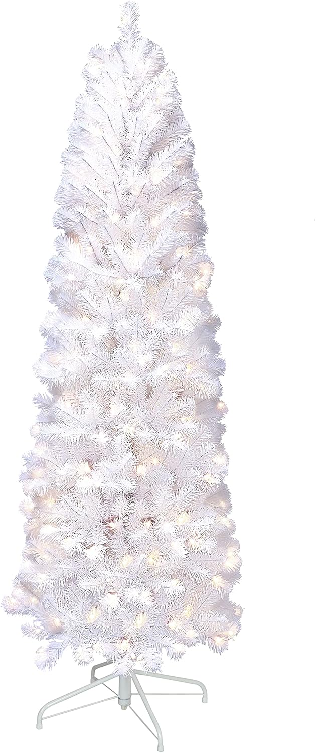Puleo International Pre-Lit 6.5' Pencil Northern Fir Artificial Christmas Tree with 250 Lights, White