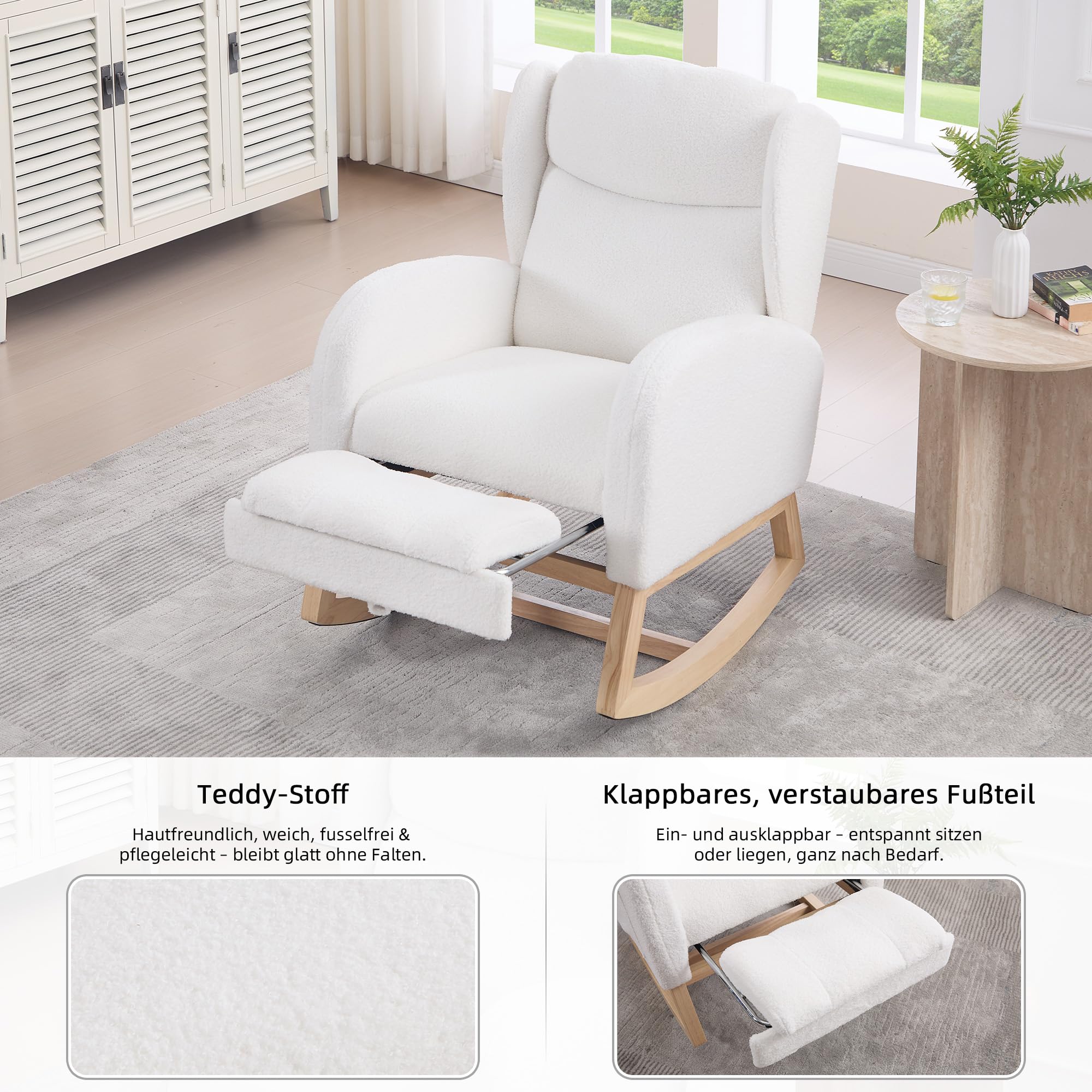 SACOOL Silla mecedora, silla de lactancia, silla de salón con estructura de madera, reposapiés ajustable, respaldo alto, tela de peluche, con bolsillo, cómoda silla acento para dormitorio y sala de